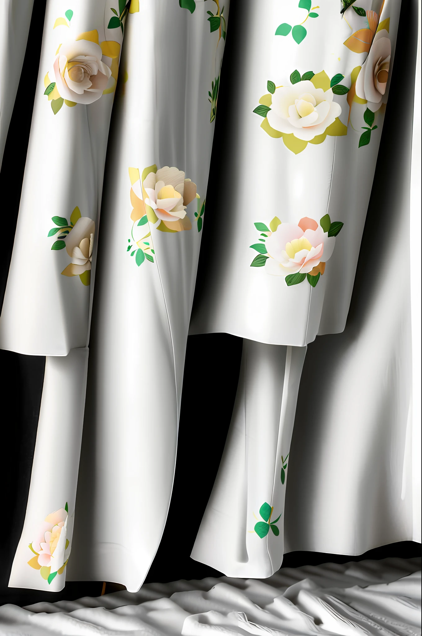 white floral print, furisode, realistic, 3d, highres,