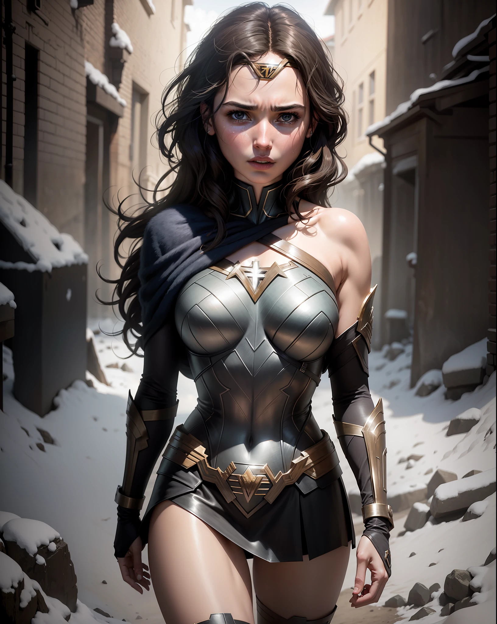 Gal Gadot Superior Quality, Masterpiece, Ultra High Resolution, (Photorealistic: 1.4), Raw Photo, 1 Girl, Off the Shoulder, Darkness, Deep Shadows, Unobtrusive, Cold Light, (Grabbing the Chest: 1.2), Unbearable Crying To Endure Suffering