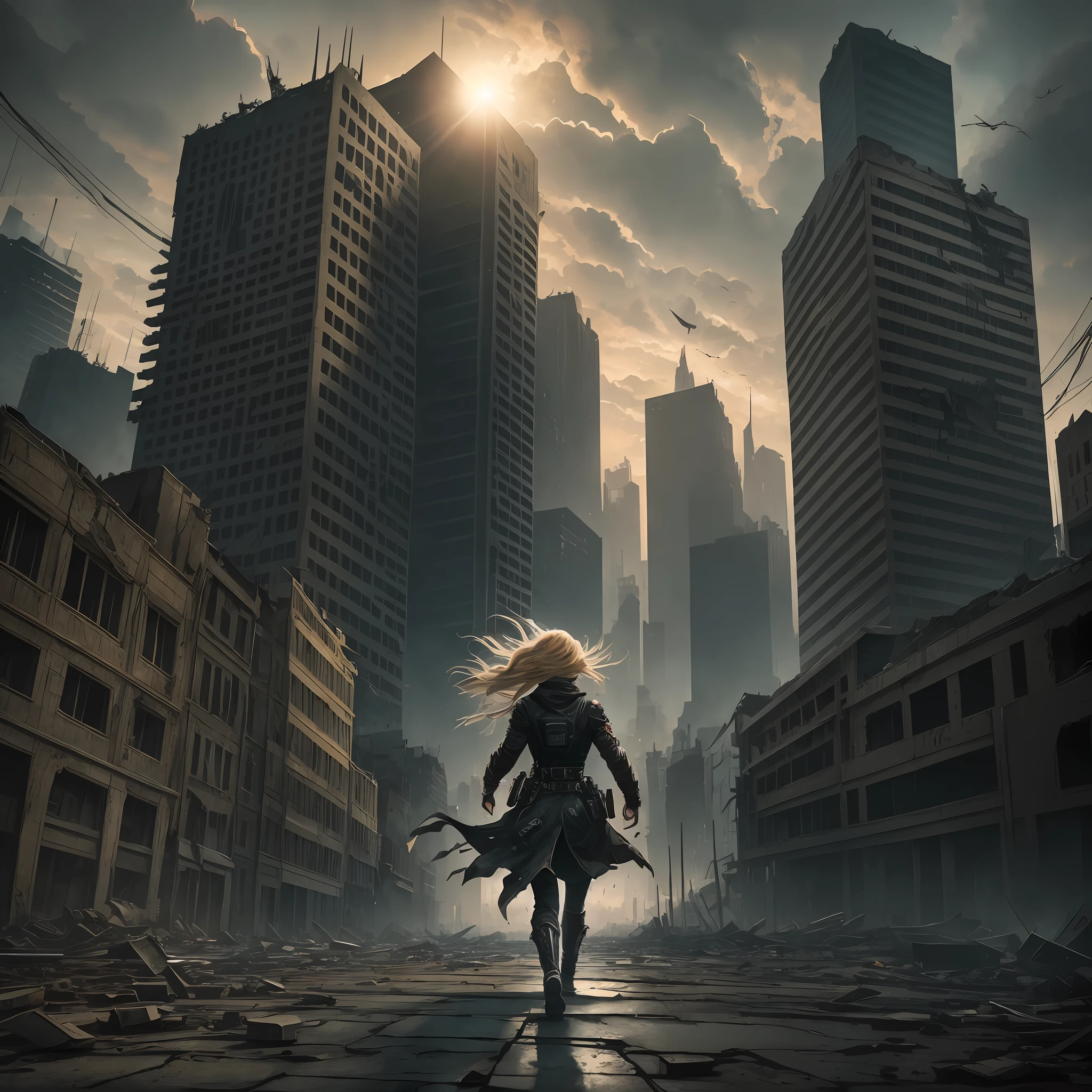 ((scene a little from afar)), The blonde woman runs desperately across the roof of an old, abandoned building, her hair golden. Her eyes show dread as she desperately searches for an escape route. The bright sun illuminates the scene, revealing the menacing figure of a werewolf in its relentless pursuit. The wreckage on top of the building and the decay of the environment reflect the desolation of the surrounding apocalypse. Each misstep increases the intensity of the fear that surrounds her as she struggles to stay ahead of the ferocious predator. (Movie scene), (perspective scene), (Dark illustration), (Woman wears a cyberpunk black coat) --auto --s2