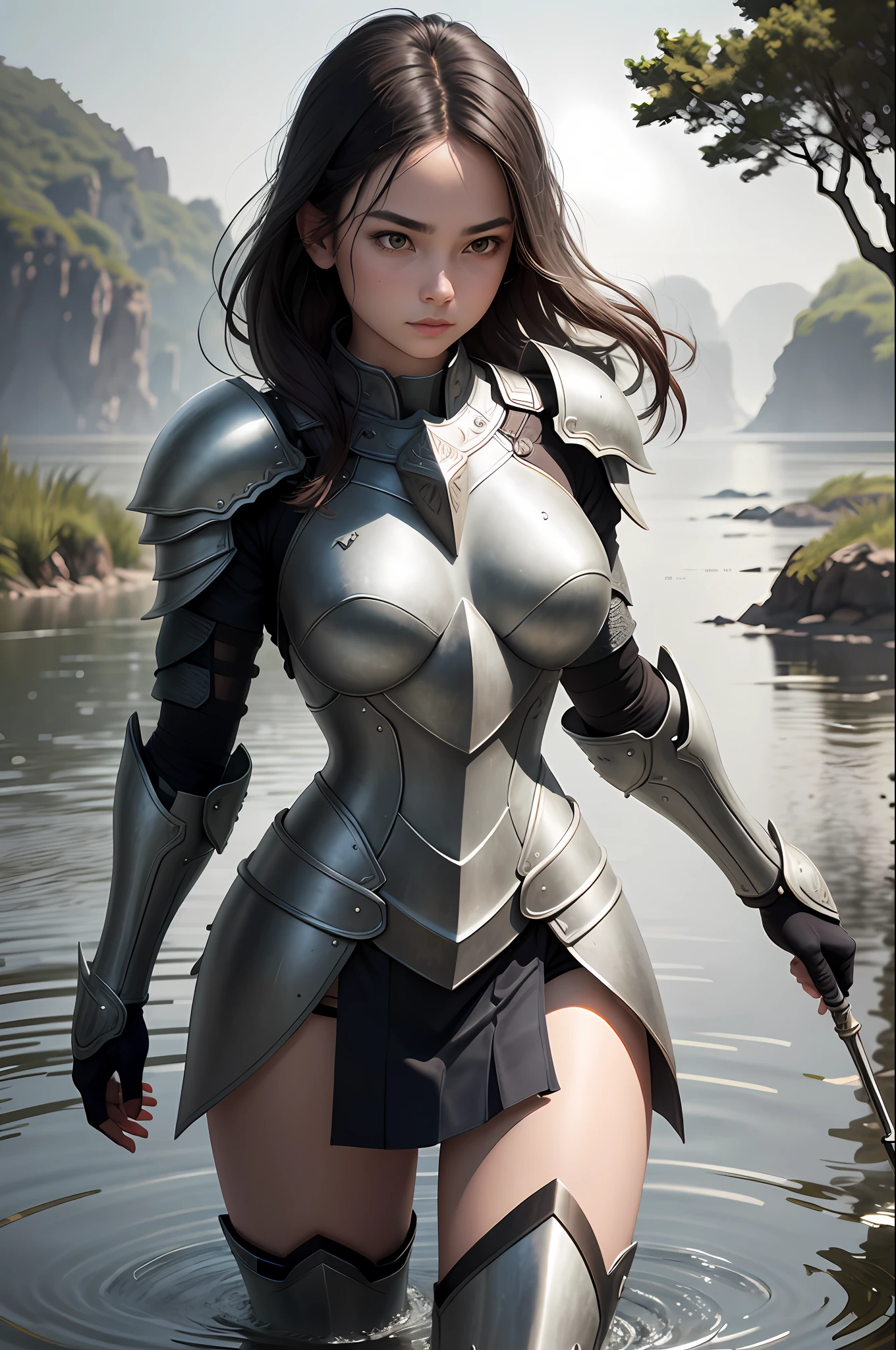 Girl in her 20s, armor, misty pond, aggressive posture, intricate details, perfect anatomy, fantastic light, magnificent composition