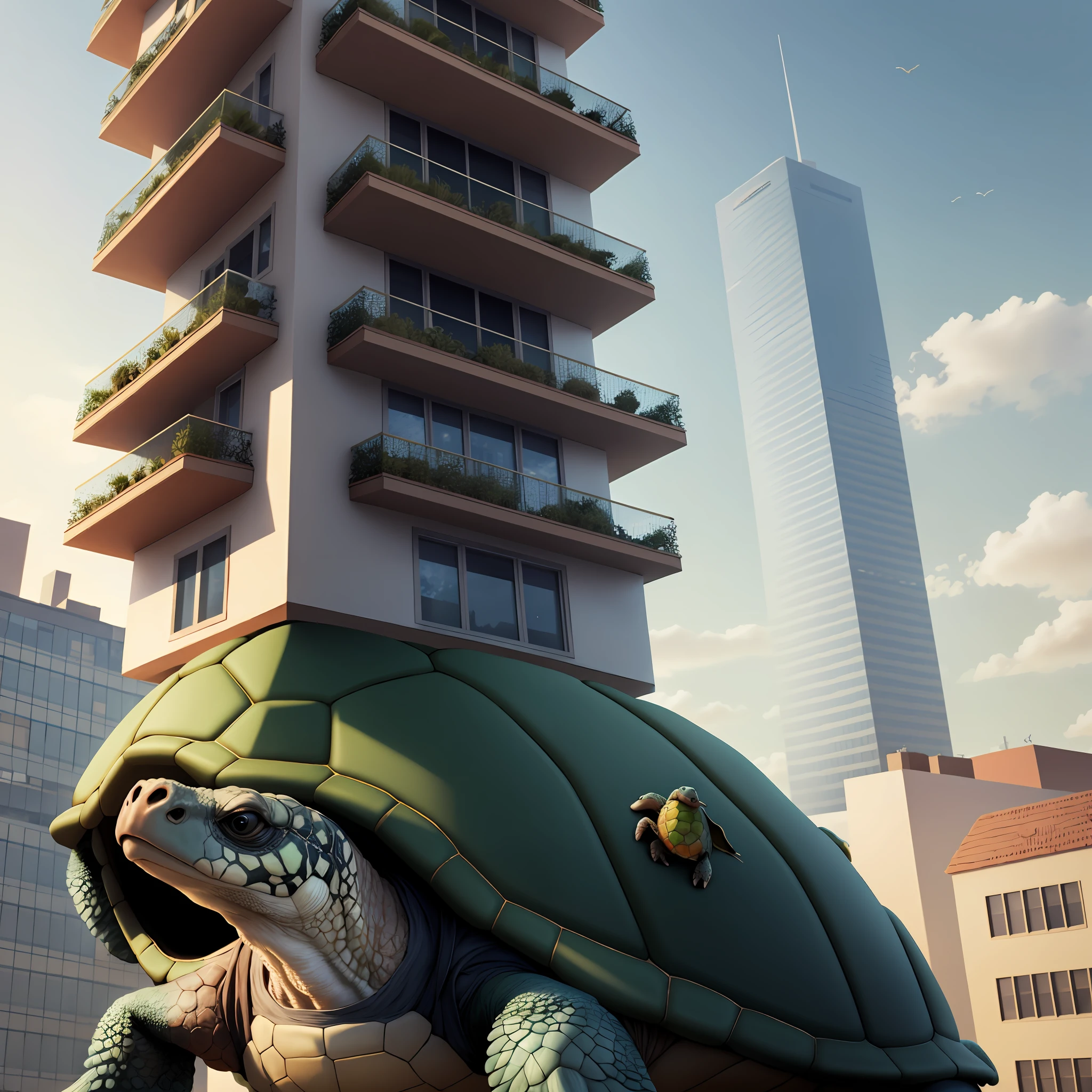 a skyscraper on the back of a turtle, house on turtle back,