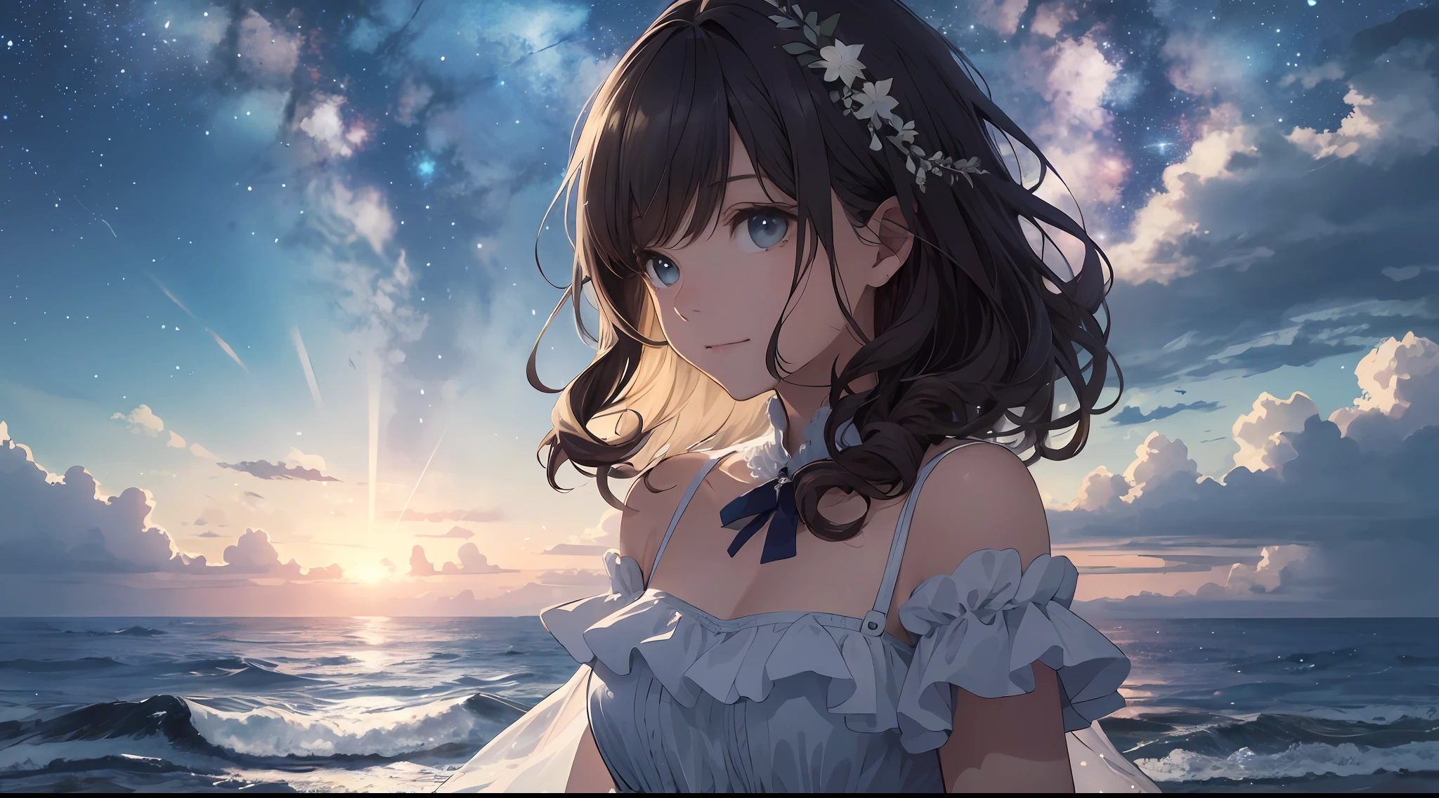 (Best Quality: 1.5), (Super Detail: 1.5), (Best Quality Photo: 1.5), ocean as far as the eye can see, full of stars, meteor shower, horizon, midnight, midnight, scenic, beautiful landscape, galaxy, nebula, light particles, very delicate and beautiful, very detailed, cinematic light, mysterious, cinematic angle, 8k resolution, elegant, perfect, smooth, beautiful girl, very cute, curly,