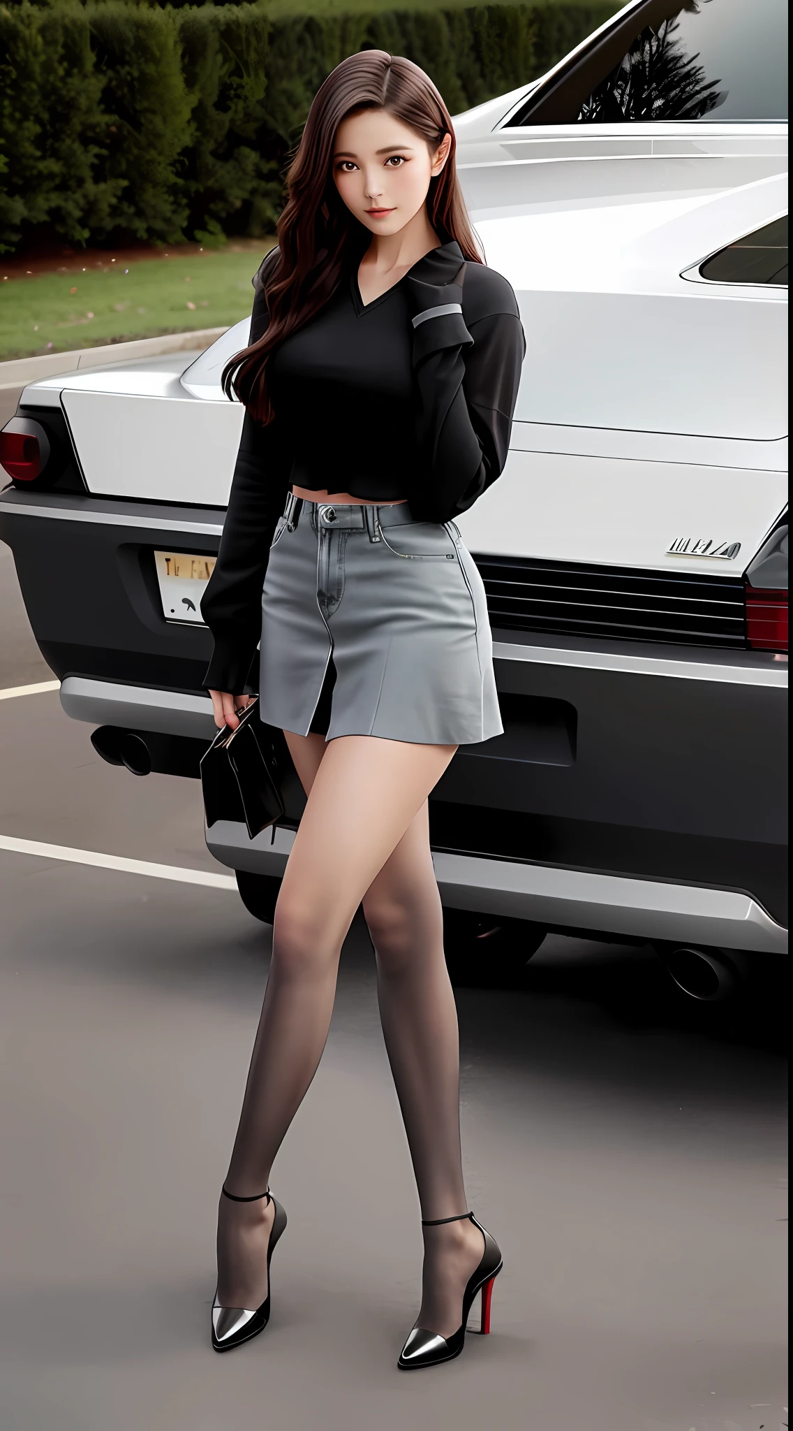 Best Quality, Masterpiece, ung Woman, Beautiful and Feminine Face, (Photo Realistic:1.3), Edge Lighting, (High Detail Skin: 1.2), 8k Ultra HD, DSLR, High quality, High resolution, 4K, 8K, Bokeh, Absurd, Best ratio of four fingers and one thumb, (Realistic: 1.3), Cute 1girl, Wearing gray prowear, Medium breasts, Miniskirt, gray stockings, red soled heels, sexy.
