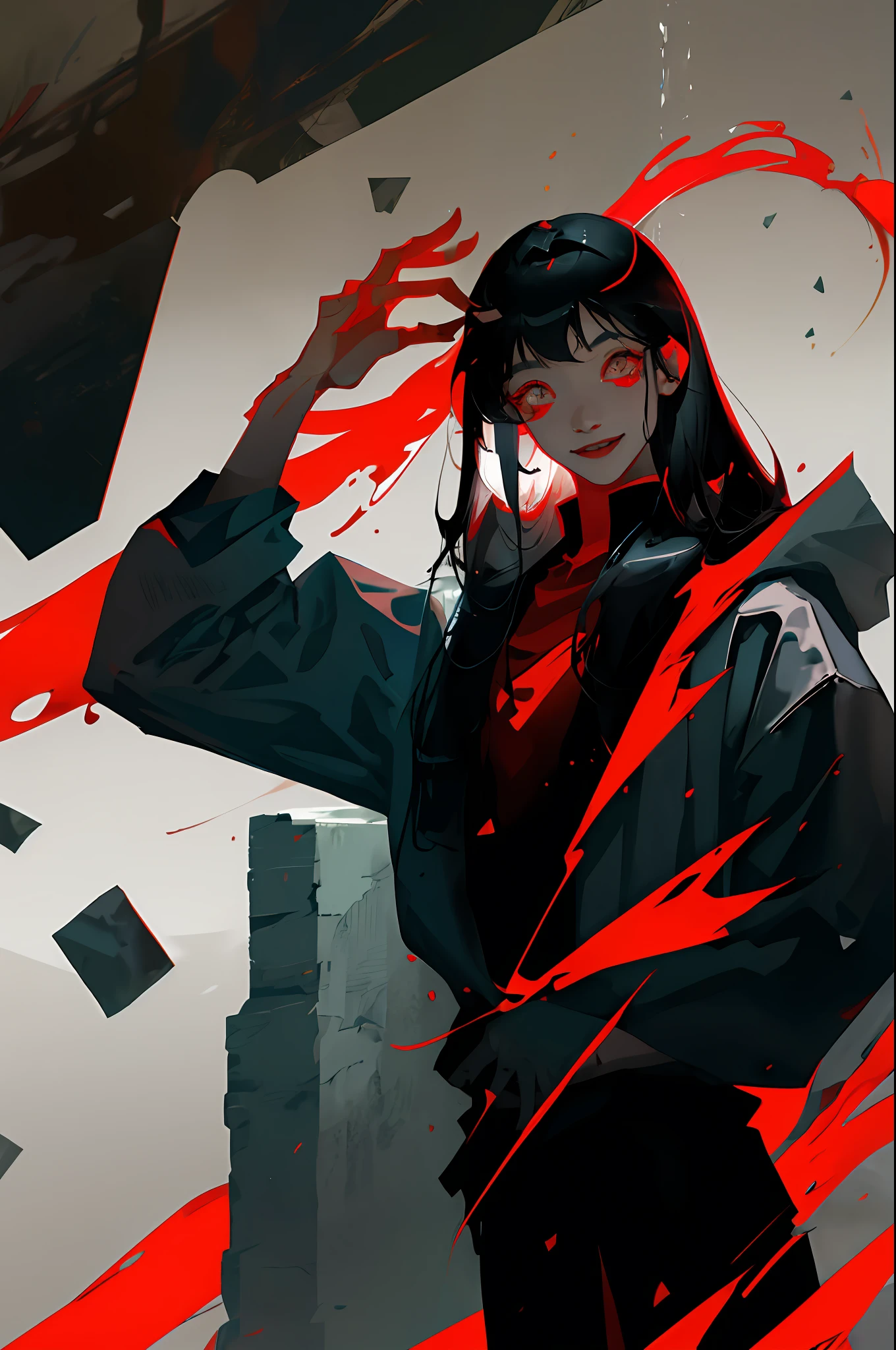 Modern architecture, red eyes, black hair, bangs, cold eyes, lab coat, sides, long straight hair, fear, splashing blood, smile, murderer