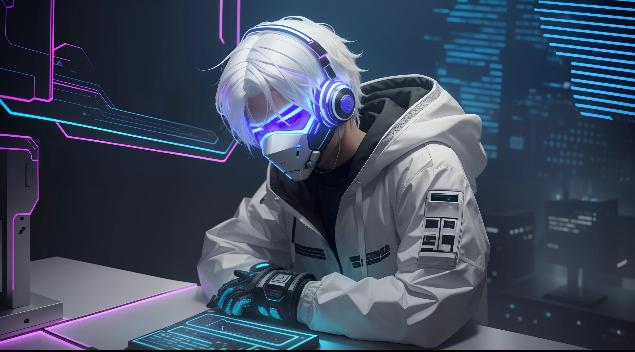 (awesome scene) hooded boy wearing cybernetic led mask with medium hair with white hair sash in his hair on a table as if he were on a camera podcast positioned below the shoulder line and the boy with the gloved hand on the chin and background of a cyber punk cyber city