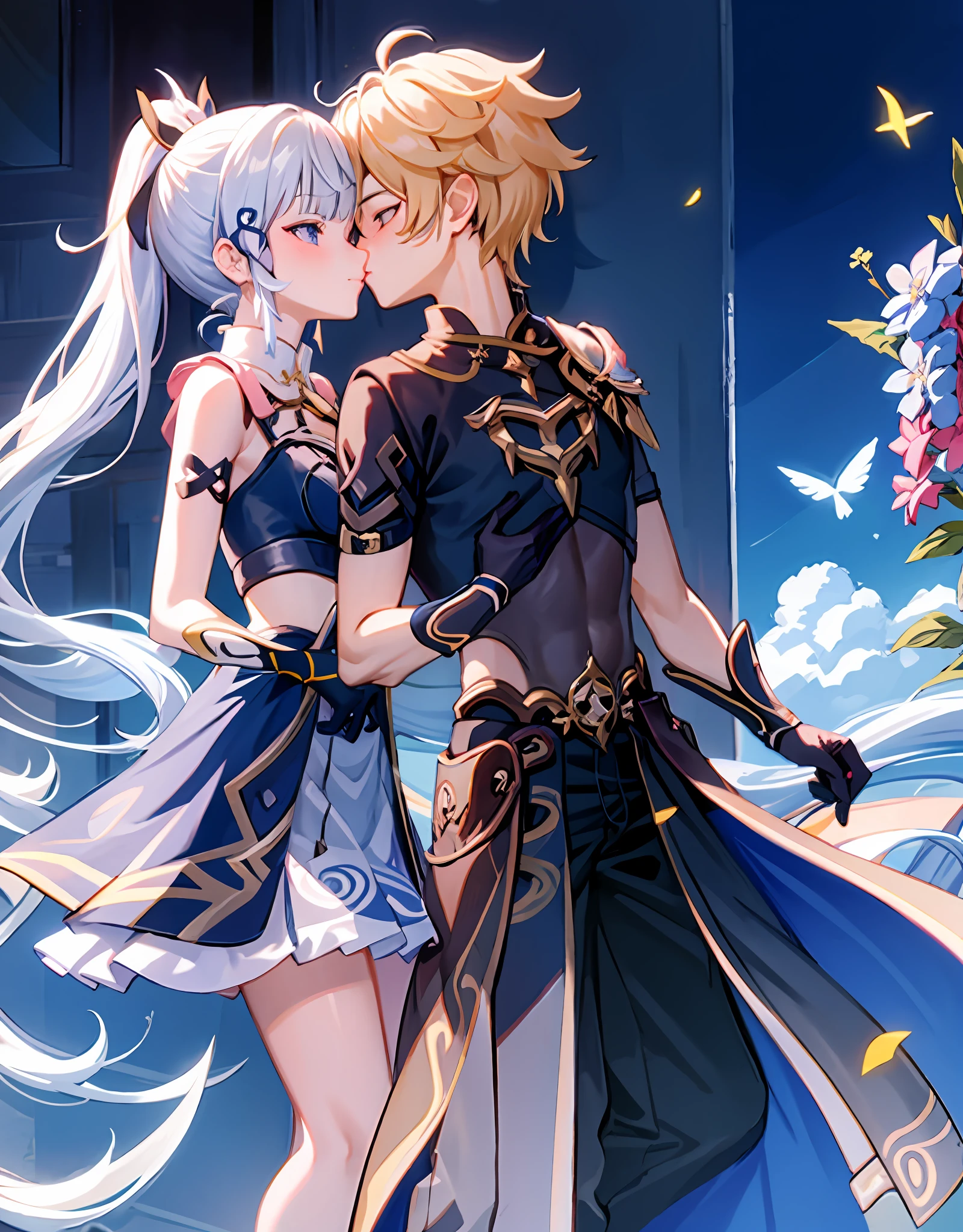 anime couple, aether and ayaka kissing, soft kiss, 1boy 1girl, cute, loving, peck, detailed faces, detailed hair, masterpiece, best quality, aether yellow hair\(genshin impact\), kamisato_ayaka (flawless radiance) , official costume, arm guards, armored dress, breastplate, ayaka hair ornament,cowboy shot,ponytail, blunt bangs,blue eyes, smile, closed mouth, eyebrows visible through hair, long hair, silver hair, big breasts, elegant, kiss, bouquet of flowers, high quality, highly detailed