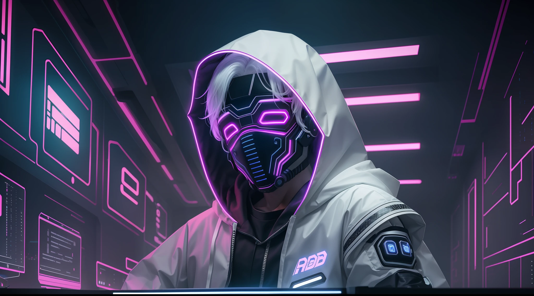 (awesome scene) hooded boy wearing cybernetic led mask with medium hair with white hair sash in his hair on a table as if he were on a camera podcast positioned below the shoulder line and the boy with the gloved hand on the chin and background of a cyber punk cyber city