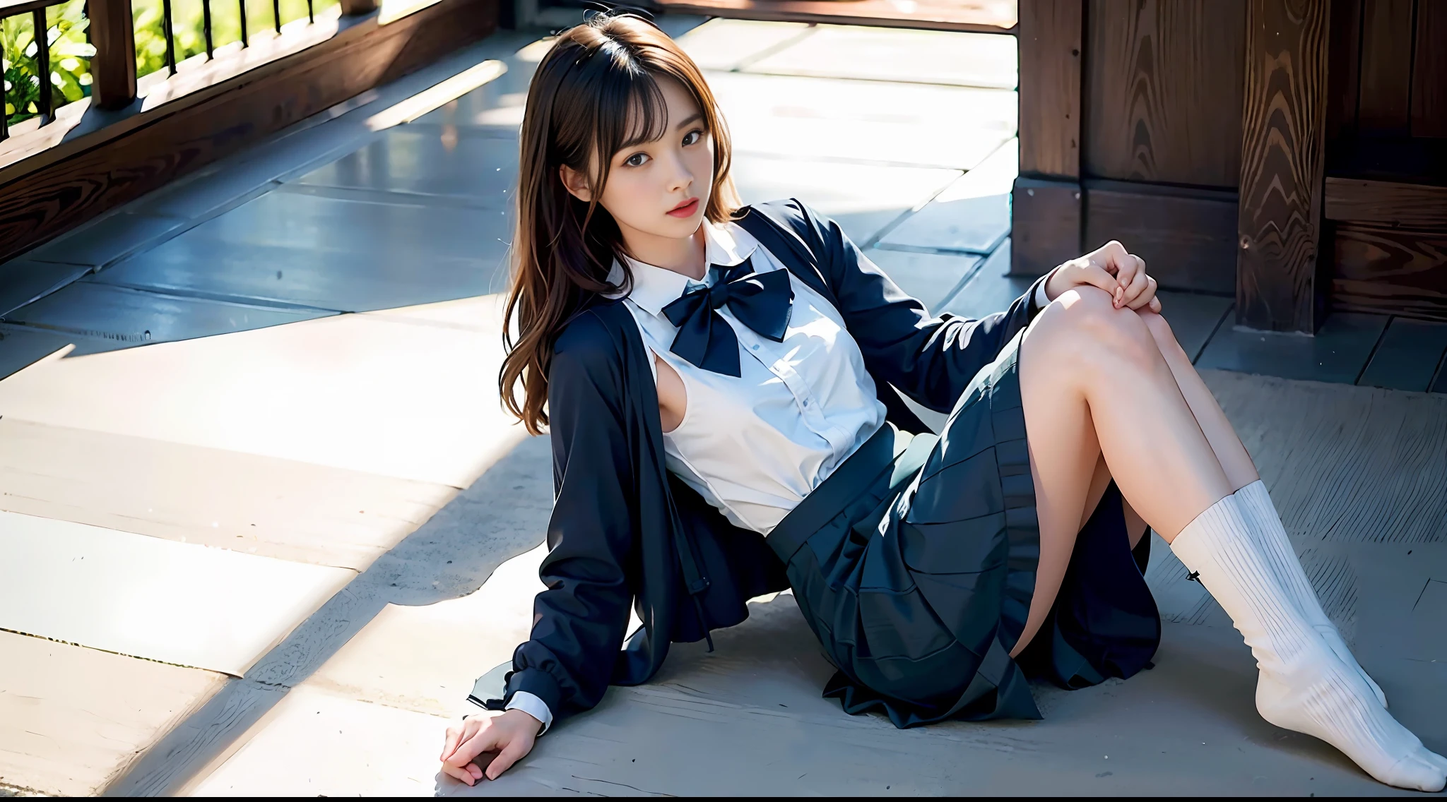 ((Bright garden porch background)), (Lo-Fi), (Soft Focus), High Definition, 4K, Ultra High Definition, Ultra High Definition, Ultra Real Shadows, Ultra Real, Dramatic Lighting, Japan Women, One Girl, Solo, Detailed Face, Realistic Eyes, Realistic Skin, Dynamic Hair, Dynamic Pose, Dynamic Angle, (White Blouse), (Dark Blue Bow Tie), (((Dark blue very long skirt)))), ((White short ankle-length socks with folded edges)))), white background, (Raw photo: 1.2), (Photorealistic: 1.4), Beautiful detailed woman, Very detailed eyes and face, Beautiful detailed eyes, Huge file size, super detailed, high resolution, very detailed, highest quality, (bright indoors), (soft light), (low contrast), (shallow depth of field), (portrait of a beautiful woman illuminated by gentle light), (very delicate and elegant depiction), (short length bangs), (hair color dark chestnut with a slight brown tone), (hair with subtle gentle waves), (((white short ankle-length socks with folded edges))), illustration, very detailed, CG, unification, 8k wallpaper, amazing, fine details, best quality, Highly detailed CG unified 8k wallpaper, face lights, movie lighting, 1 girl, 25 years old