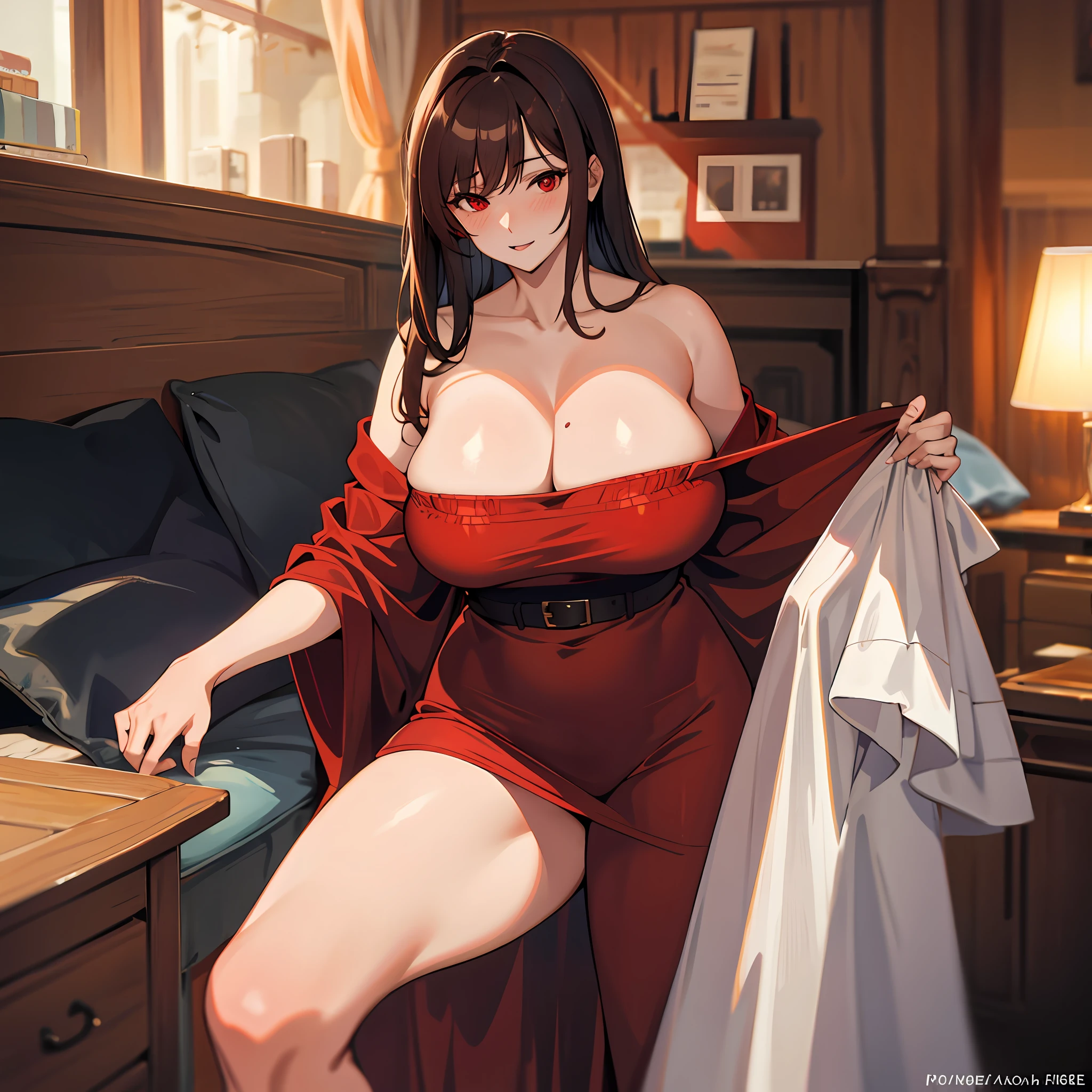 Large woman, 1 woman, red eyes, brown underwear, undressed, sexy, brown hair, full-length, oak grove