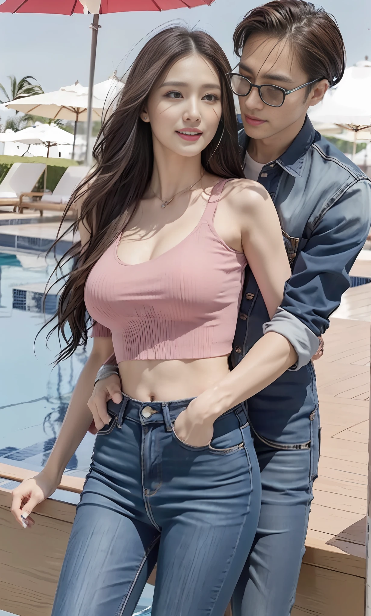 1 man, 1 woman, (male model hugging female model's waist, kissing ears, intimate relationship: 1.0), Araf woman in pink top and jeans dancing with handsome male model, Korean female fashion model, photo of slim girl model, wearing tight simple clothes, thin waist and thick buttocks: 1.1, gorgeous young Korean woman wearing sexy cropped top in crop top with crop top, Korean girl, casual clothing style, 2 4  old female model, beautiful Korean woman, HD, 16k, realistic, Small round face: 1.0, realistic perfect face and skin, detailed beautiful glasses, double eyelids, long eyelashes, swollen eyes, realistic face and eyes, facial light, super detailed facial details, lip gloss, blush: 1.0, brand open crop top (pink, open V-neck, super realistic detailed clothes: 0.8, huge boobs: 1.5, perfect breasts and nipple bulge: 1.5), high-end brand skinny jeans ((super realistic detailed jeans: 0.6)), perfect big boobs, perfect breasts, perfect waist, perfect buttocks, (enchanting, beautiful, sexy: 1.0), round calves: 1.2, white and tender toes: 1.2, wearing high-end designer crystal sandals (stiletto heels: 0.5), realistic and stylish shawl hair, shoulder length: 1.0, smiling teeth: 1.0, handsome male model: 1.0, private shooting, private shooting, background ((super luxurious yacht, green venue, buffet table, swimming pool, poolside parasols and beach chairs)), Dancing with a male model: 1.2, Dancing gracefully: 1.5, Autofocus: 1.2, Shooting from the best angle, Versatile poses, Full body: 1.5