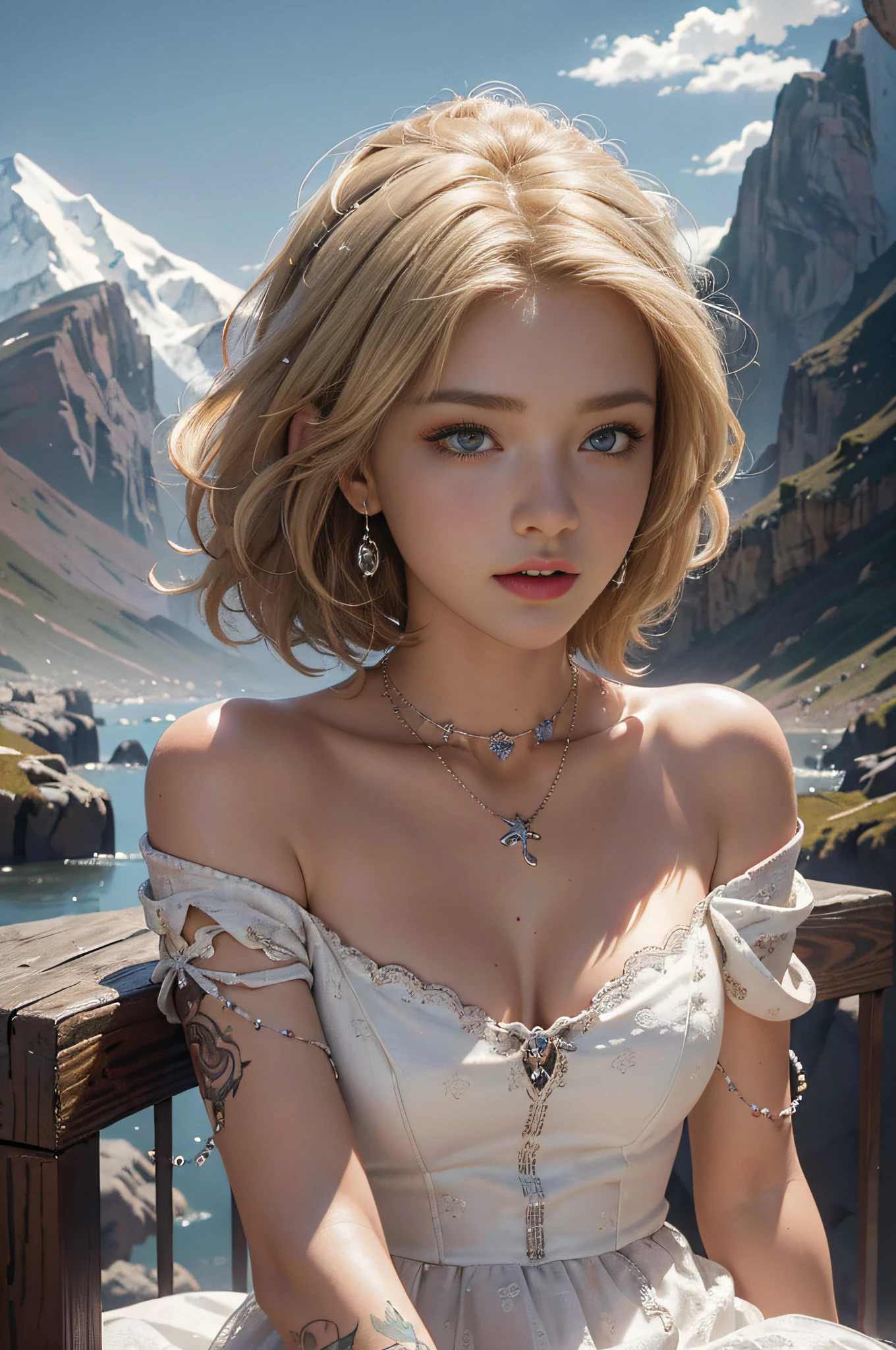 (hyperrealistic), (illustration), (high resolution), (8K), (extremely detailed), (best illustration), (beautiful detailed eyes), (best quality), (super detailed), (masterpiece), (wallpaper), (detailed face), solo, (dynamic pose), 1girl, white dress, off-the-shoulder, mountains, short blonde hair, broken hair, necklace, fangs, tattoos