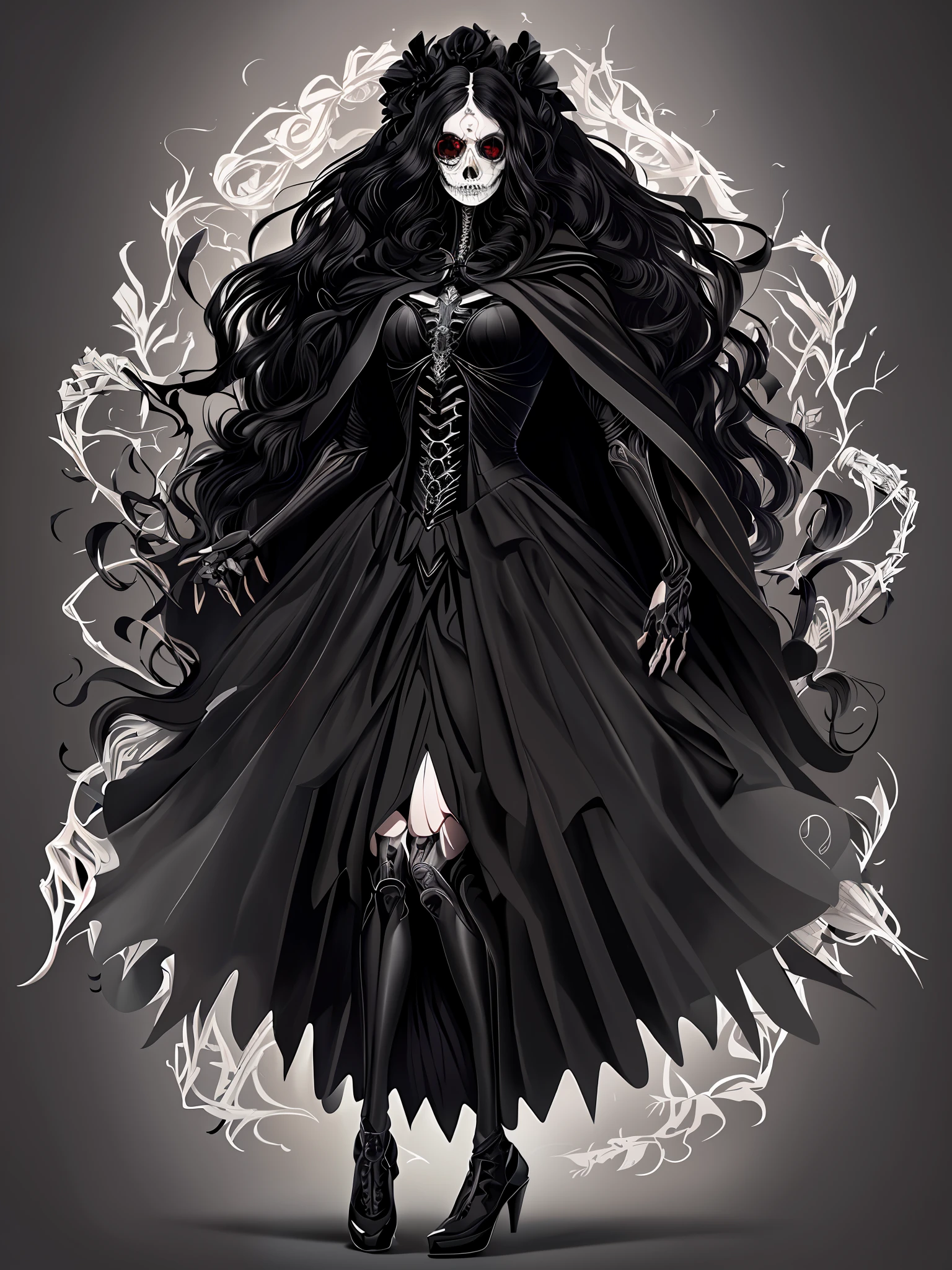 Anatomia incrível, , (fantástico horror arte perfeita, 64k ultra hd: 1.1) Full body, black wedding dress, black cape over face, long black hair,