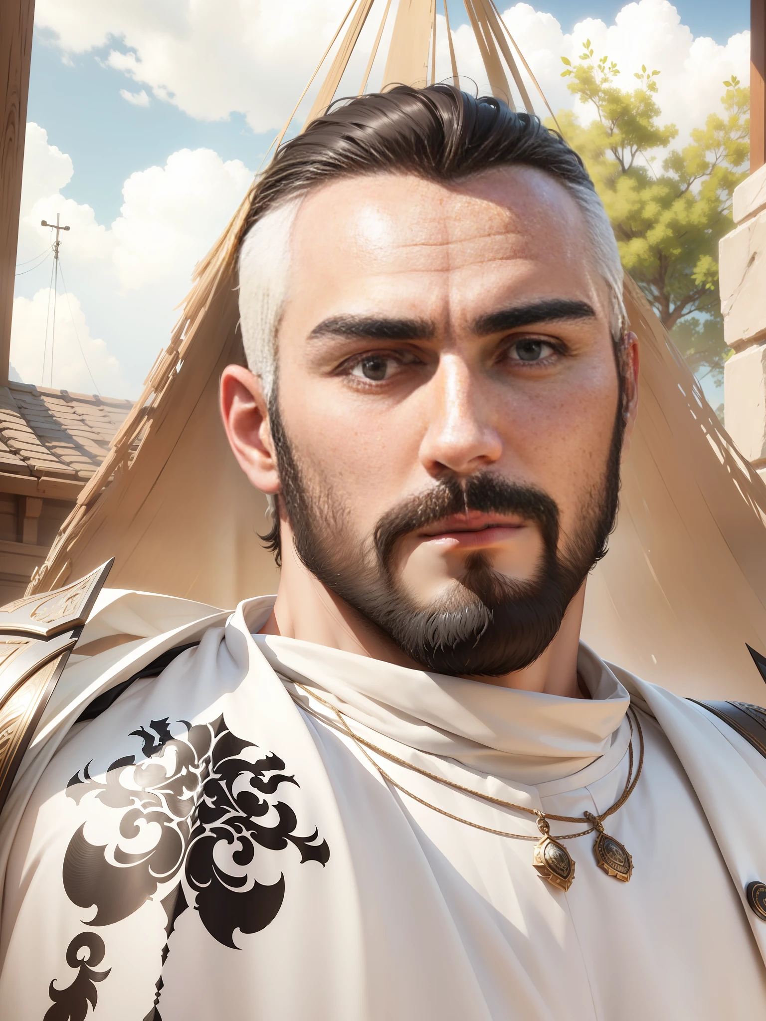 Young man, 25 years old, handsome boy, manly man, manly, beard, full beard, beautiful beard, natural, well-cut hair, short hair, short hair, short hair, Hercules, hercules, black eyes, detailed face, detailed skin, detailed eyes, detailed mouth, manly face, robust, important, strong, well dressed, white clothes, tunic, white tunic, strong look, firm look, beauty man, decent, black hair, beard natural black color, black hair, manly man, photorealism, photorealistic, ultra hd, 4k, detailed textures, futuristic colors, detailed shadows, realistic shadows, high resolution textures, high resolution colors, perfect, natural man, ultra detailed, photorealism, 4k, photorealism,