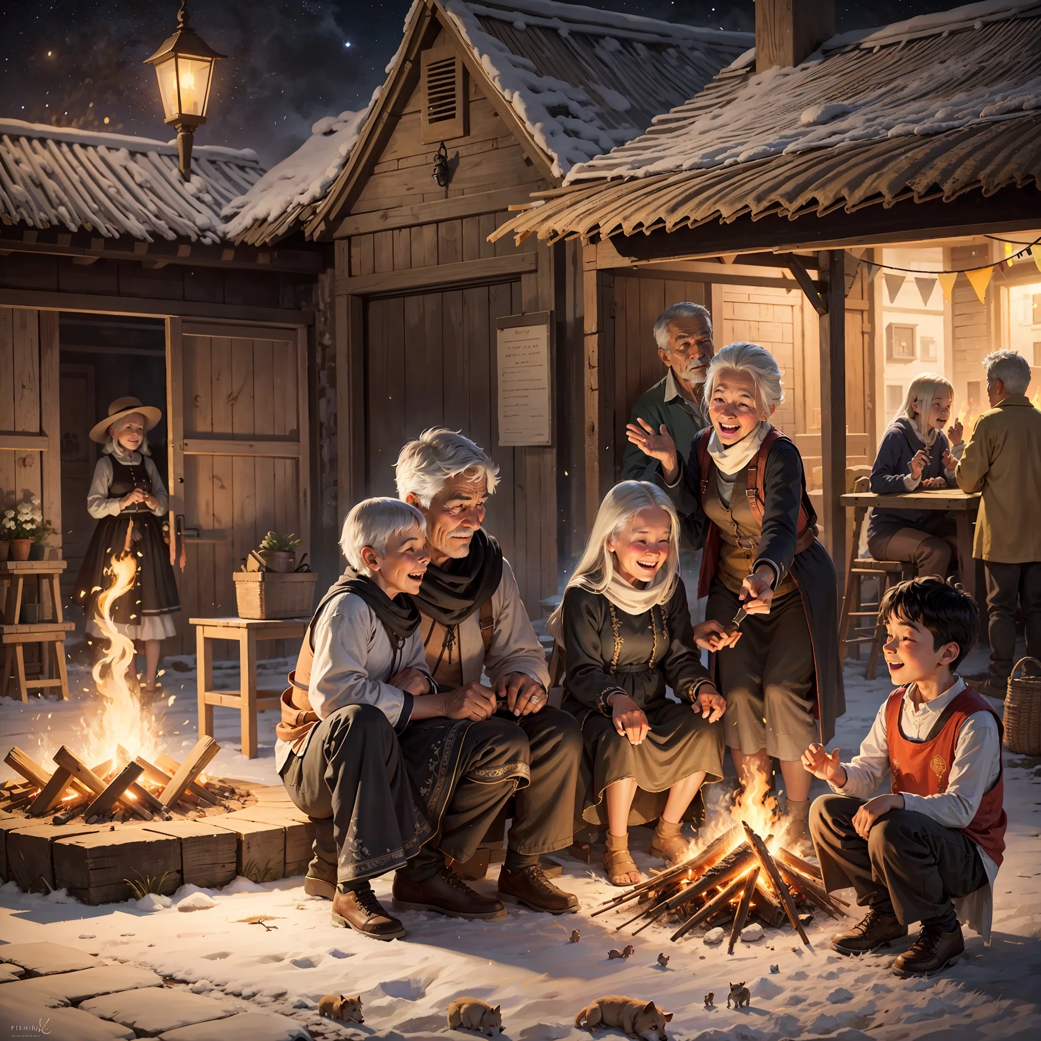 night in a village, with a bonfire surrounded by old people, children and adults, white and black, a firework in the background, all happy people, dogs playing --auto --s2