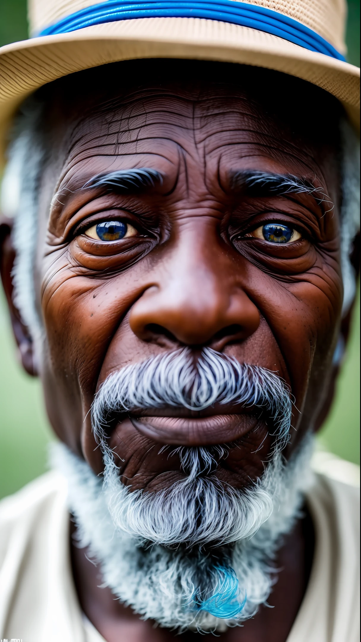 A complete portrait of an old man, black skin, 4K textures, HDR, intricate, highly detailed, blue eyes great sharp focus, cinematic, hyper-detailed visuals.