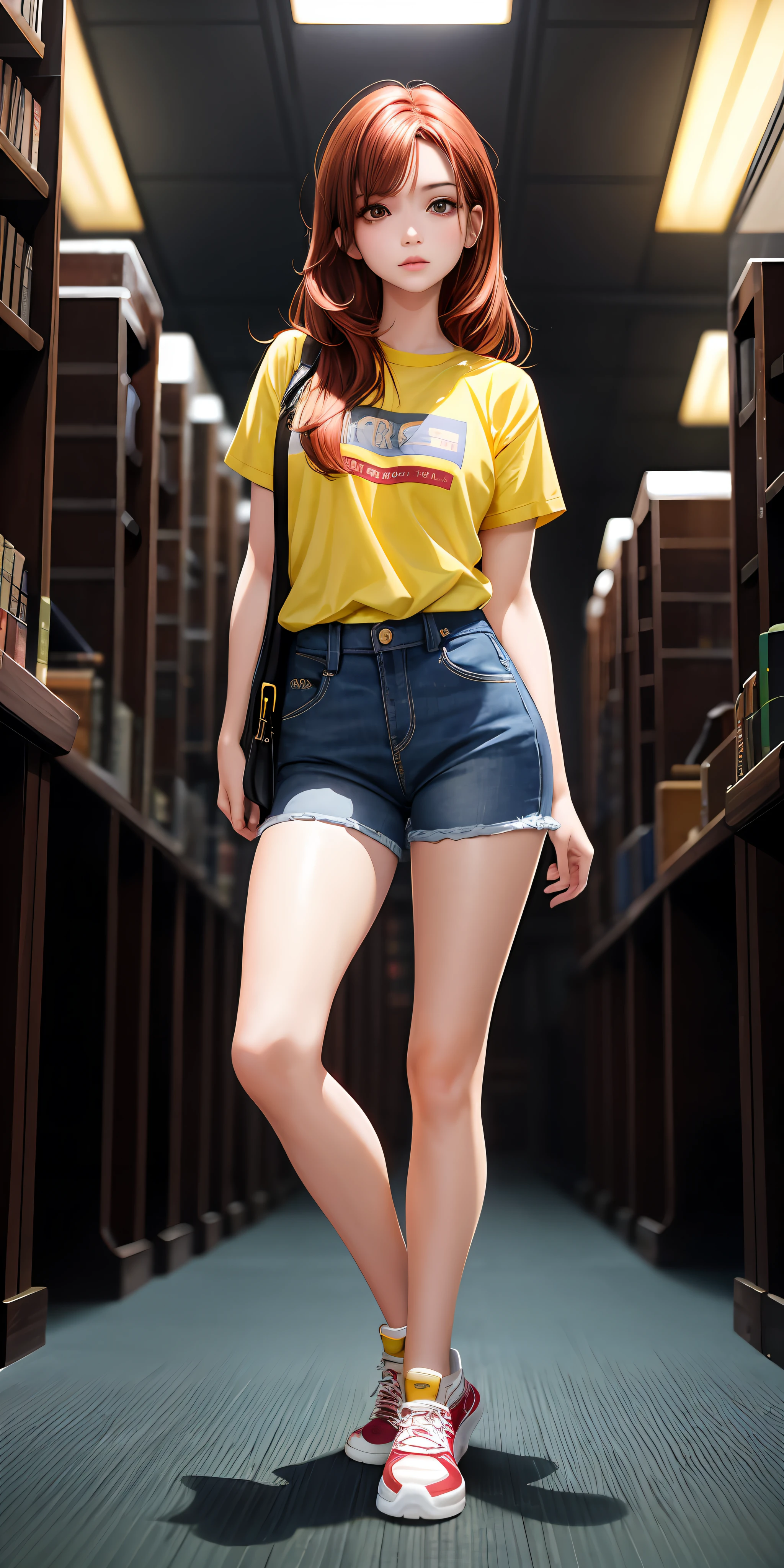 1girl, brown eyes, full body, library as a background, small breast, medium red hair,  white skin, yellow shirt, Jean's, sneakers, long eyelashes, eyeshadow,  small face, big eyes