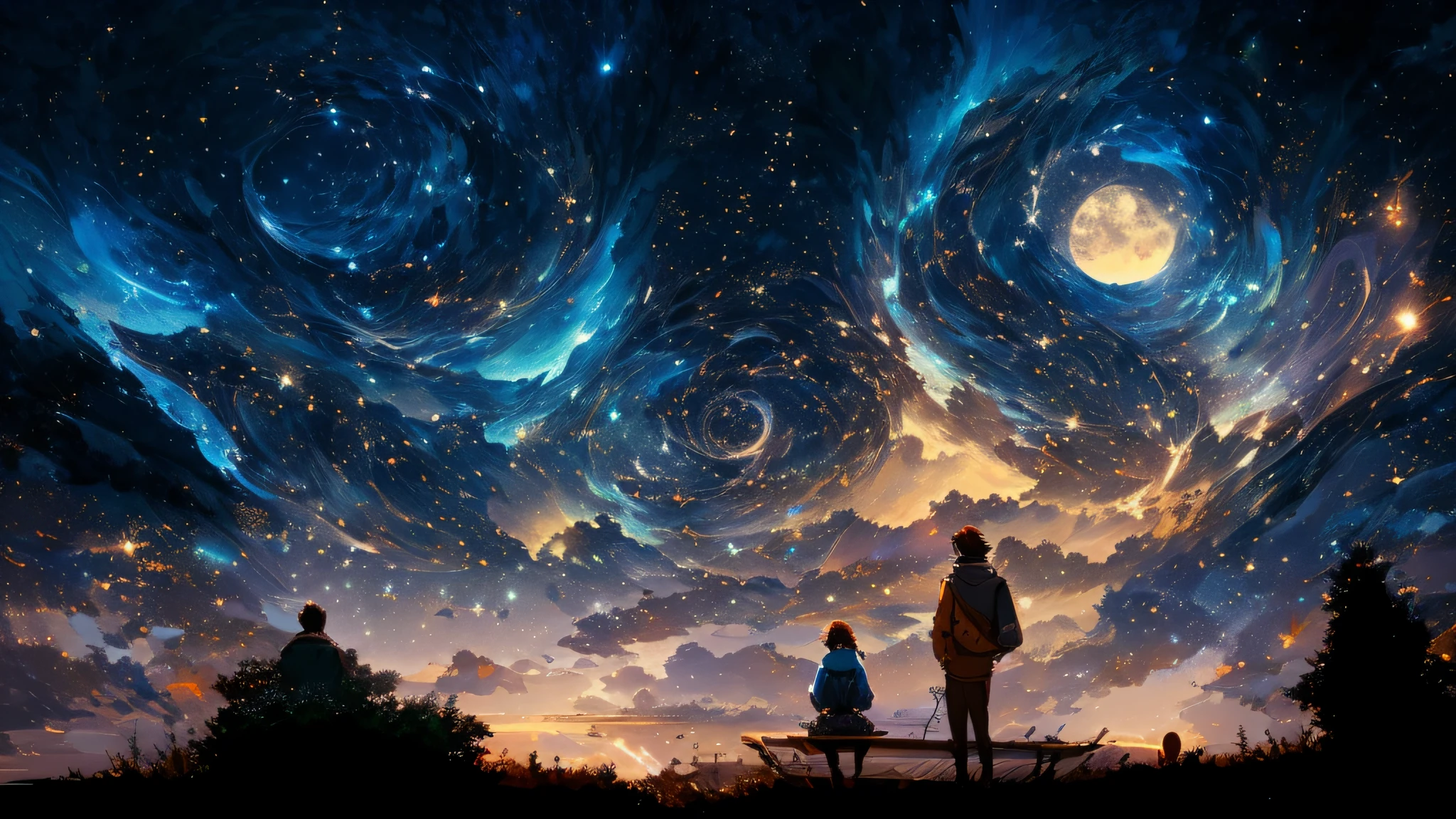 anime scene of a couple of people standing under a starr sky, 4k highly detailed digital art, beautiful art uhd 4 k, makoto shinkai cyril rolando, inspired by Cyril Rolando, anime art wallpaper 4k, anime art wallpaper 4 k, starry sky 8 k, cyril rolando and goro fujita --auto --s2