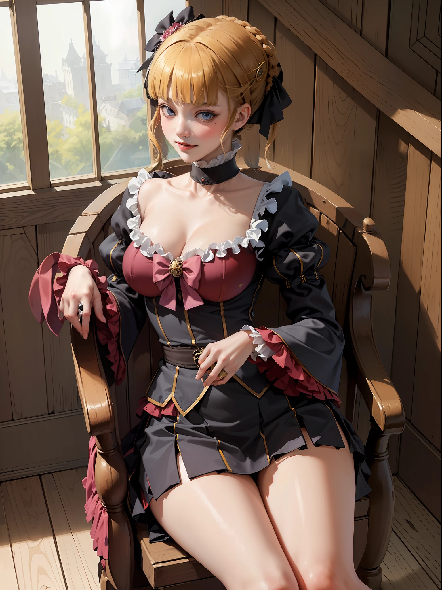 Official Art, Unified 8k Wallpapers, Ultra Detailed, Beautiful and Aesthetic, Masterpiece, Best Quality, (Zentangle,,(Fractal Art: 1.3), 1girl, Very Detailed, Dynamic Angle, Cowboyshot, Most Beautiful Forms Chaotic, Elegant, Ecstatic Notes, Blue Eyes, Orgasm, Blush, More Mature, Very Sexy, Seductive, Big Tits, Miniskirt, Nipples, Bad Smile, Swimsuit, Pipe, Streaming Notes Visible, Beatrice \( umineko\), 1girl,((beatrice2)),
((masterpiece)), (best quality),sexy, (detailed),polka dot bow, pov,full face blush, sitting_on_throne, smile, far shot.