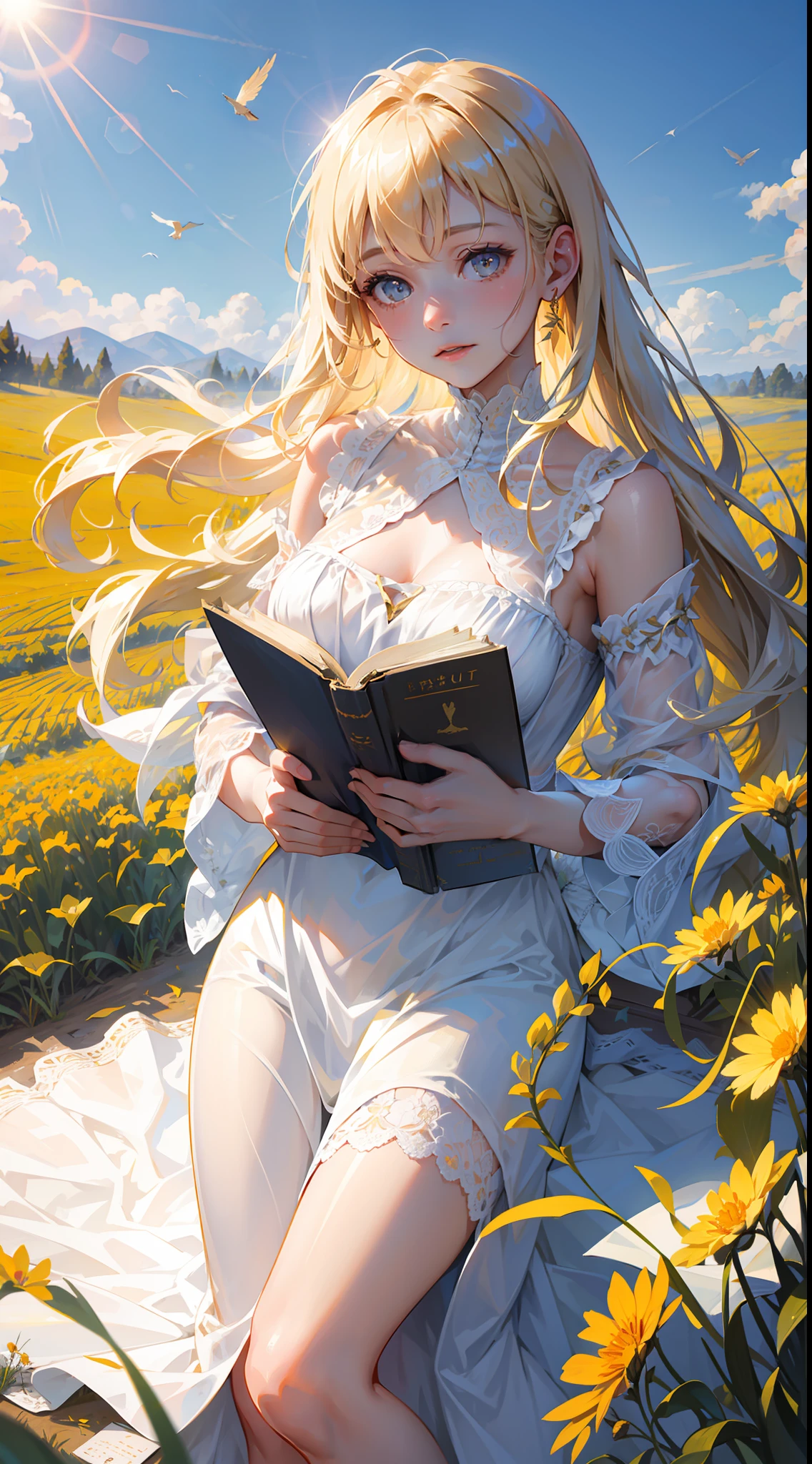 the farmer's daughter,dressed in a pale yellow gown,is lying in the field reading a book,the golden wheat field stretches out around her,swaying gently in the breeze. her long,chestnut hair cascades down her back,intertwined with delicate wildflowers, the sun shines warmly upon her face,illuminating her bright hazel eyes as she loses herself in the pages of her book, in the distance,a flock of birds soar gracefully across the clear blue sky,adding to the serene and idyllic scene., realistic, photorealistic