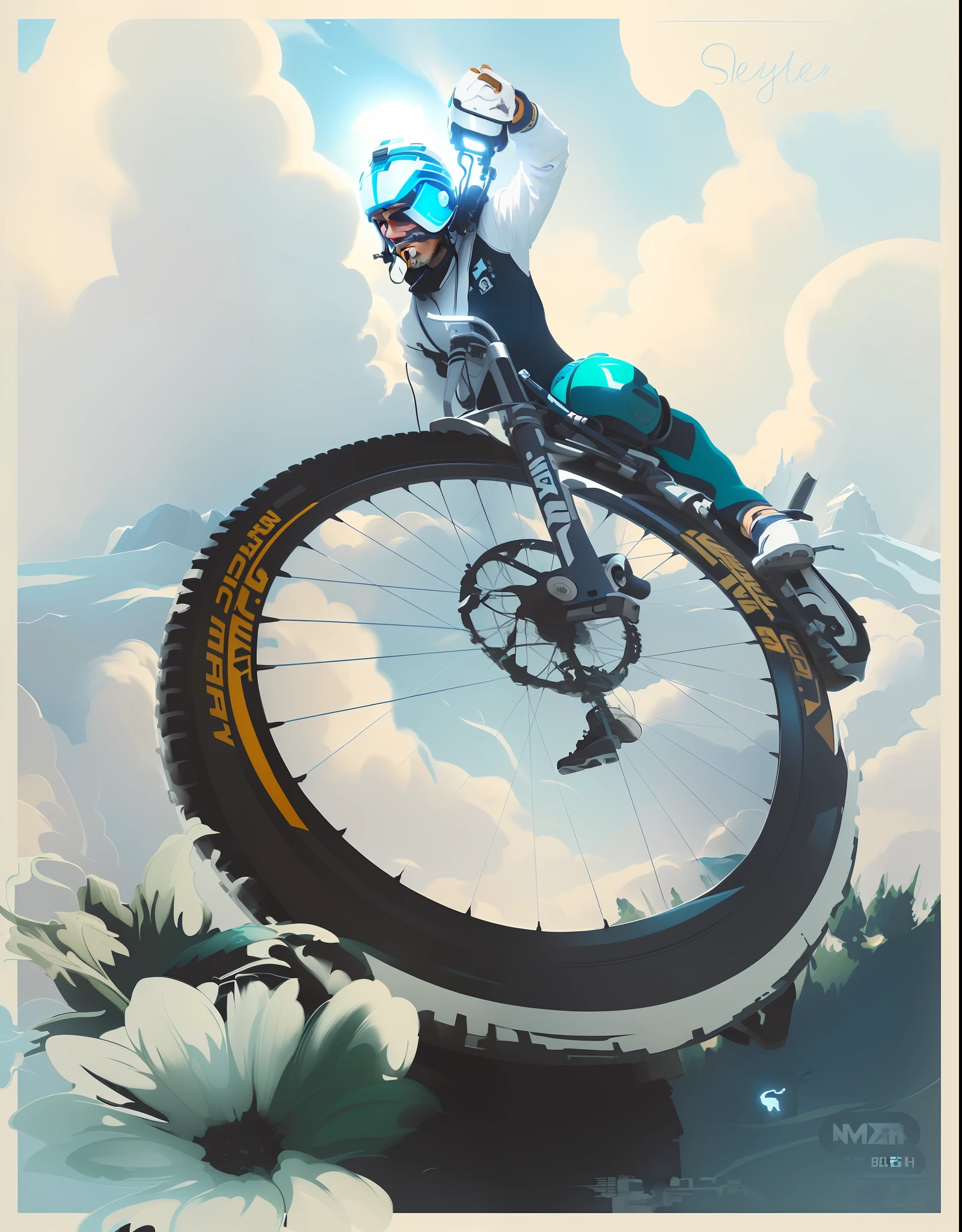 There is a man riding a bike in the mountains with a helmet, cyclists, detailed digital illustrations, full-color digital illustrations, wheels, extreme illustrations, illustrations", fabulous illustrations, digital illustrations-, concept films, digital illustrations, poster illustrations, warren mashy, concept illustrations, illustrations, illustrations, white clouds, white clouds, halos, highest quality,