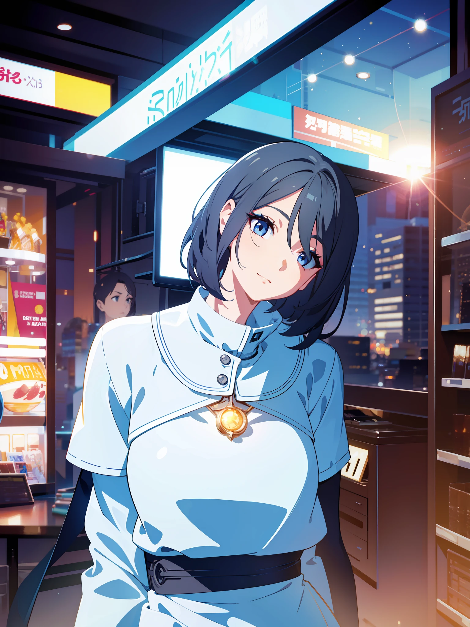female, standing in the middle of picture, big eyes, gray top short hair, wavy head, head slightly to the right, light smile, very nice eyes, slim face, comic face, very good waist-hip ratio, in manga style, 2D, anime, minimalism, flat color, ((background bokeh)), flash effect, ultra hd, retina screen, masterpiece, anatomy is correct, ji clipping, makeup, lens flare, wide angle, textured skin, high detail, high detail, anatomically correct, anatomically correct, best quality
