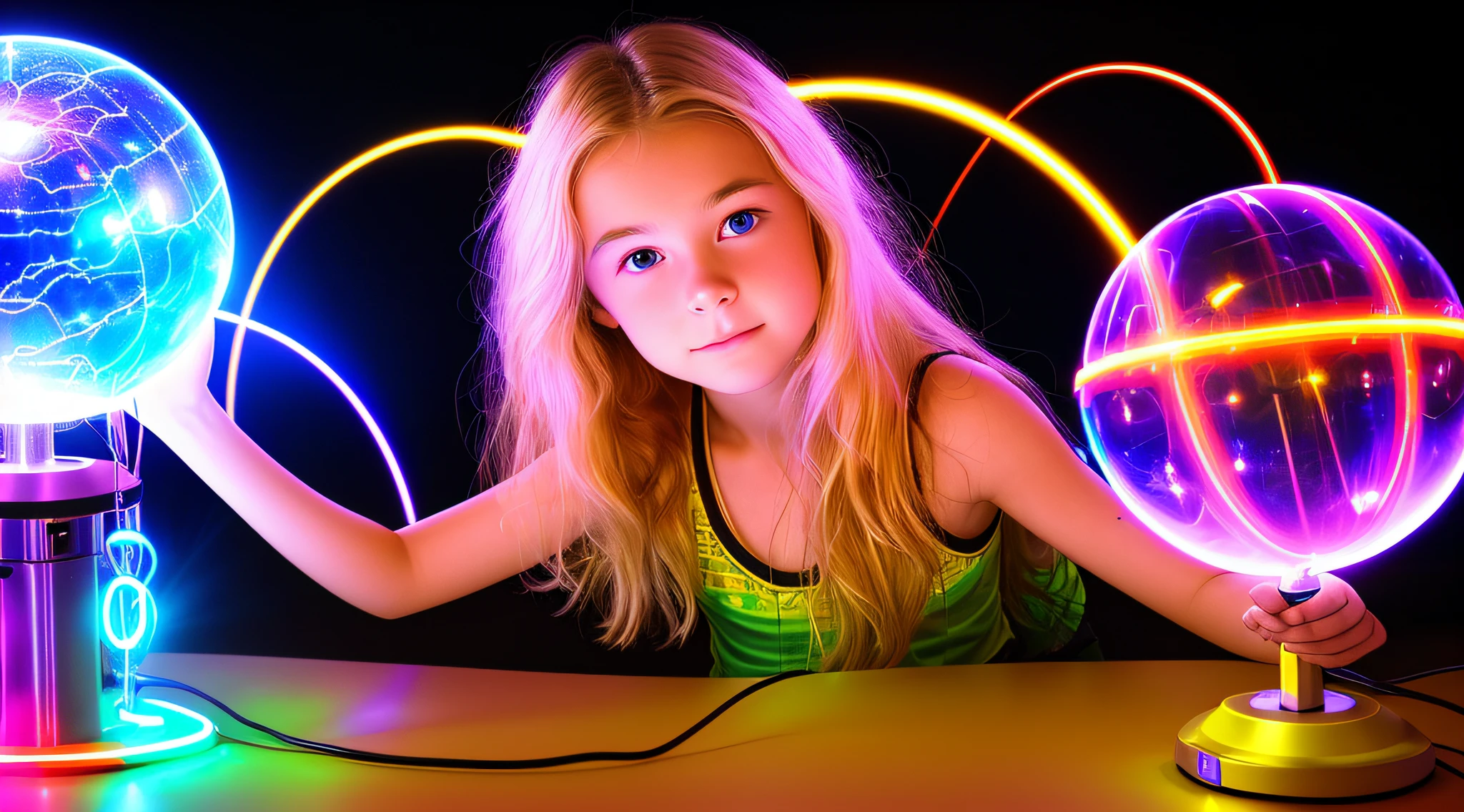 14-YEAR-OLD CHILD GIRL WITH LONG BLONDE HAIR, A closeup of a plasma ball on a table in a room, plasma globe, aura of electricity, tesla coil, inner glow of plasma neon, bright magical time portal, spinning plasma, glowing sphere, holographic projection, a large sphere of red energy, explosion of neon lights, with electric arc device, ray arc plasma, energy spheres, extremely beautiful lighting