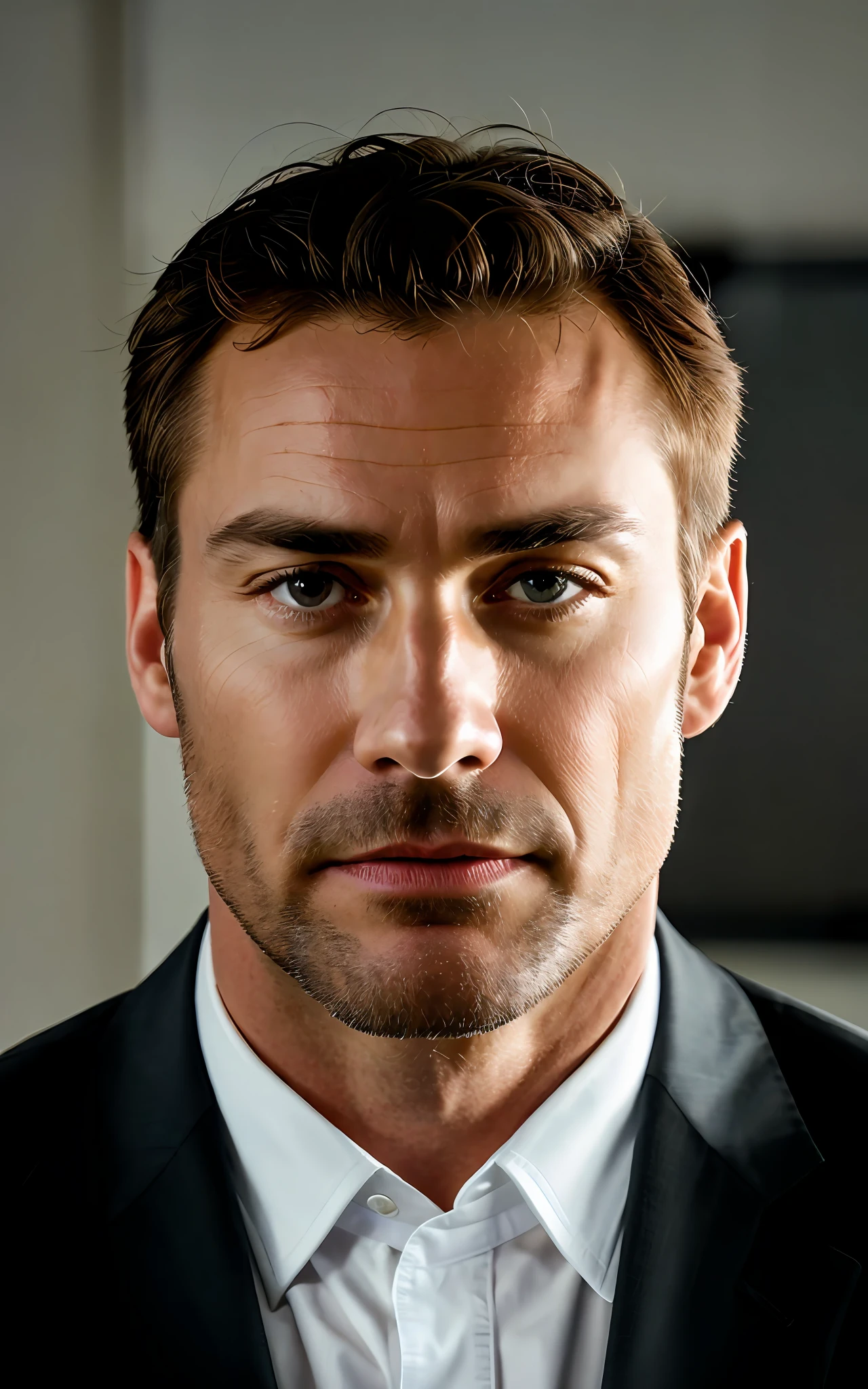 1 man, 50 years old, good looking, in suit, in an office, masterpiece, best quality, ultra-detailed, (warm hue, warm tone: 1.2), close-up, cinematic light, side lighting, ultra high resolution, best shadow, RAW, upper body