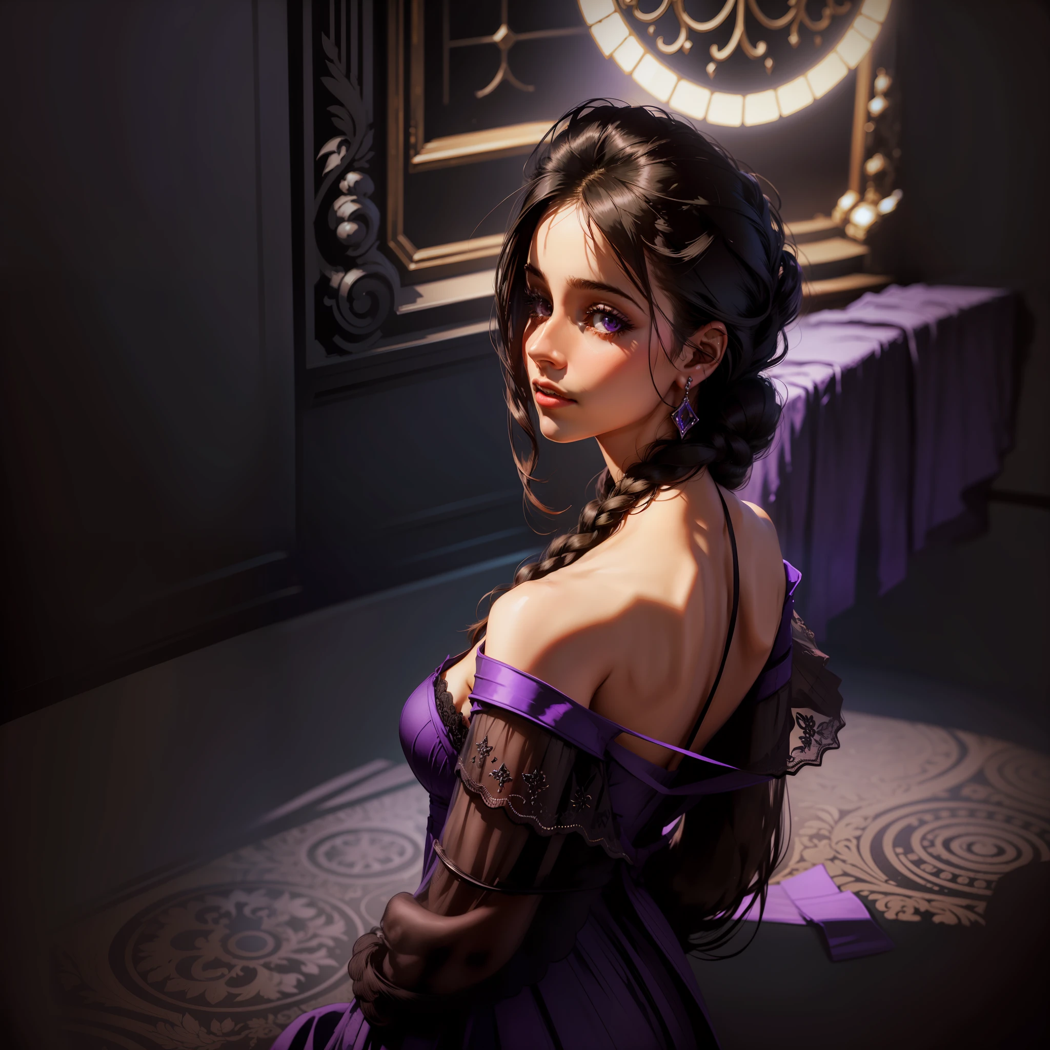 elegant woman in a dark opera house. (dark:1.3), beautiful brunette, looking over shoulder, (side view:0.35), (front view:0.2), moody, classy, beautiful, violet dress, backlit, (deep shadow:1.1), close-up, theater, (dark room:1.25), saturated, contrast, audience, swanky, sultry, smoldering, colorful, dslr, photo, detailed skin, fine, relaxing