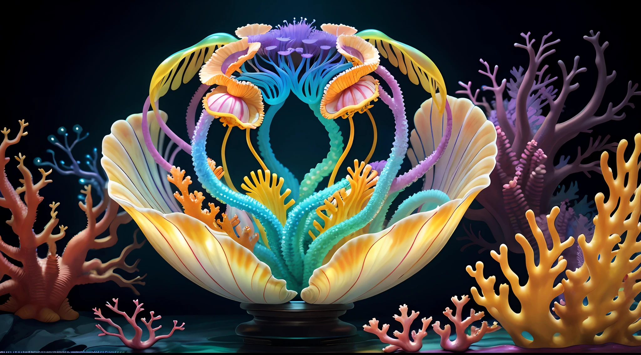 Colorful, master composition, focus on key figures, realism, masterpiece, award-winning, best quality, masterpiece, ultra-detailed, 8K, extremely detailed CG Unity 8k wallpaper, complex, highly detailed, realistic, "under water, intricate details, macro shot glowing jellyfish girl, coral, light bulb, brightness, (neutral color: 1.2), ultra-detailed, cinematic, complex background, huge ocean twisted Mandelbrot fractal shell, golden pearl nacre, hyper detail, ArtStation, Octane Renderer, (Color Acne: 1.3)",