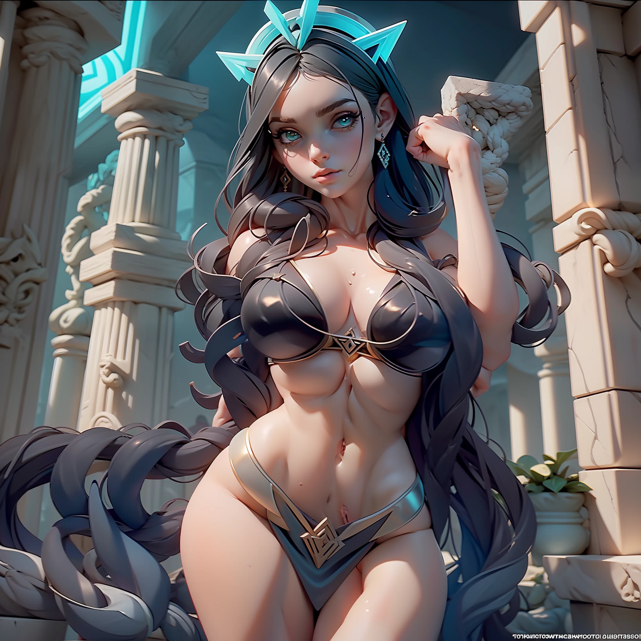 A in a black open dress with silver jewelry resembling runes or alchemical symbols. (((naked))), horns on the head. Snakes on their shoulders. Crescents surround the head with a halo. Her dark hair barely reached her shoulders. She was surrounded by a green glow, and her face was like that of a Greek statue, pale, beautiful, and eternally young. She also has green eyes. Full-length image. against the background of the night sky and the columns of the temple, between which the moon is visible. ((((Revealing clothes))),(big breasts))),(wet bra))))), ((fully transparent wet colorless bra))))),(100% transparent wet underwear))),(view of the chest through the bra))),( transparent from the water clothes)))),( bare breasts)))),(view of the body through the clothes)))),(bra too small))),(nipple contour)))), (protruding nipple))),( transparent clothes from water))),under the tits, under the breasts, ((without panties)), ((very small bra))), ((breasts crushed)),(without panties))