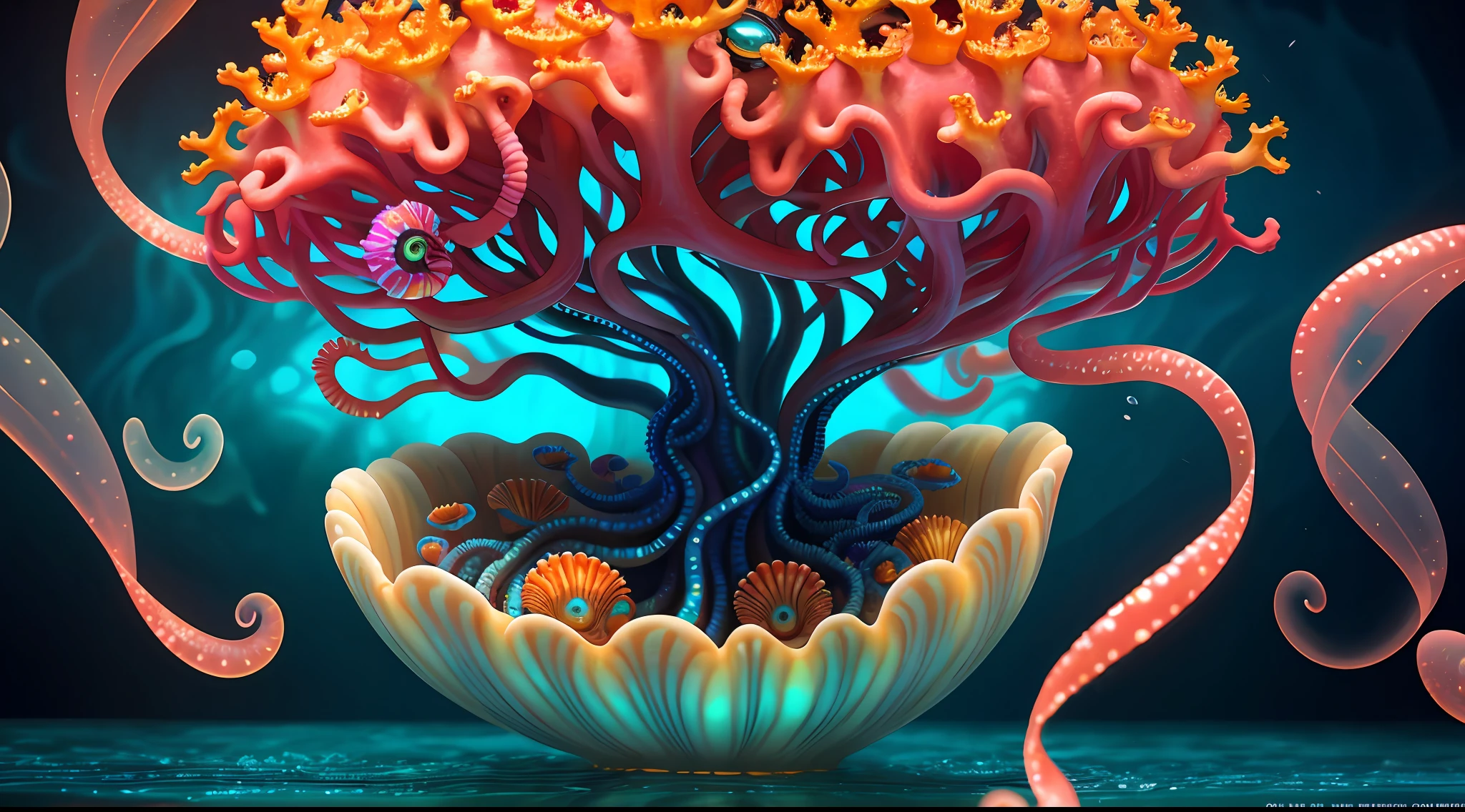 Colorful, master composition, focus on key figures, realism, masterpiece, award-winning, best quality, masterpiece, ultra-detailed, 8K, extremely detailed CG Unity 8k wallpaper, complex, highly detailed, realistic, "under water, intricate details, macro shot glowing jellyfish girl, coral, light bulb, brightness, (neutral color: 1.2), ultra-detailed, cinematic, complex background, huge ocean twisted Mandelbrot fractal shell, golden pearl nacre, hyper detail, ArtStation, Octane Renderer, (Color Acne: 1.3)",