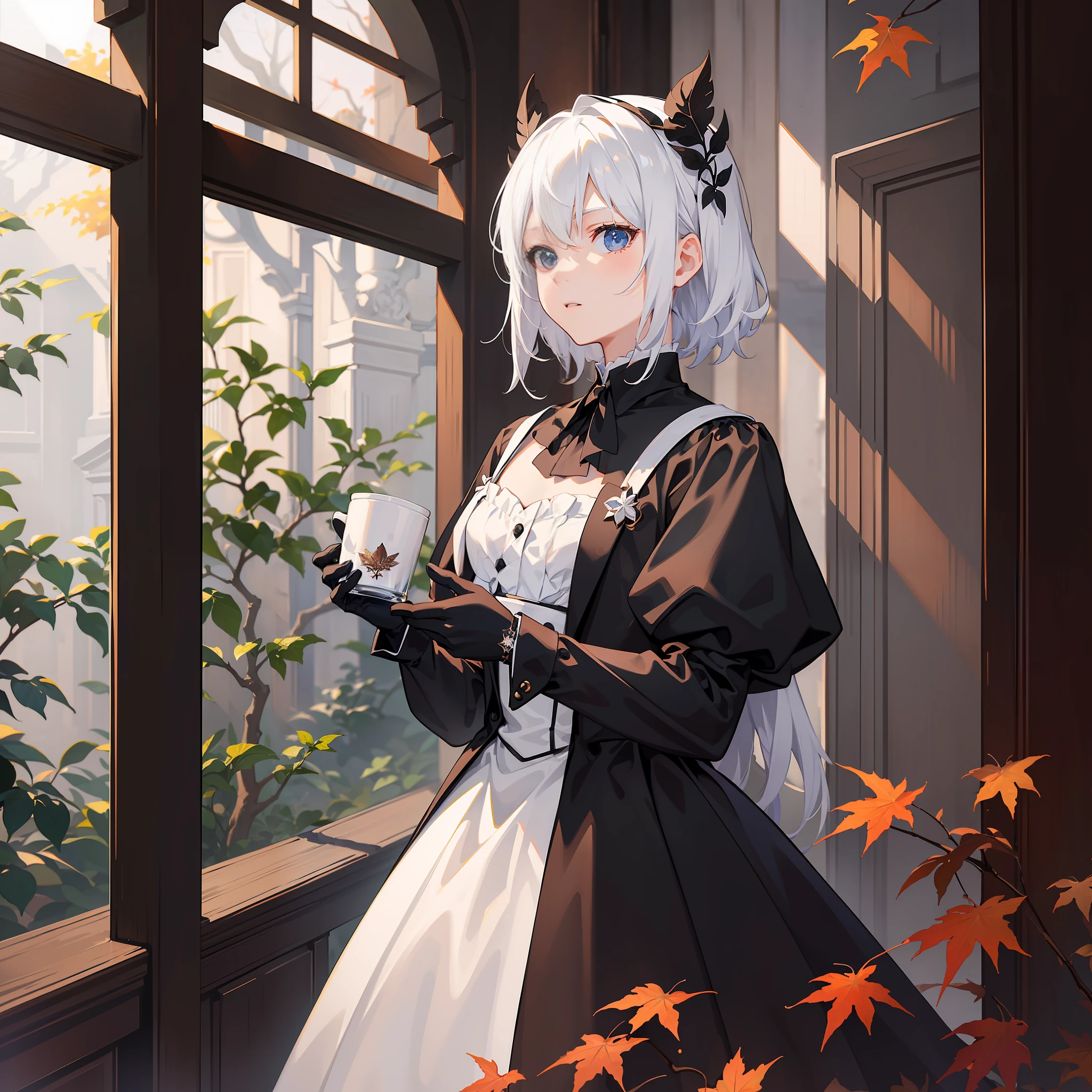 Boy, white hair, holding coffee, in a French-style black dress and white gloves, in the autumn night in the silent garden maple leaf falling, the picture quality reaches 8K wallpaper level, using light and shadow rendering interpretation, wide-angle lens presentation, the highest quality masterpiece.