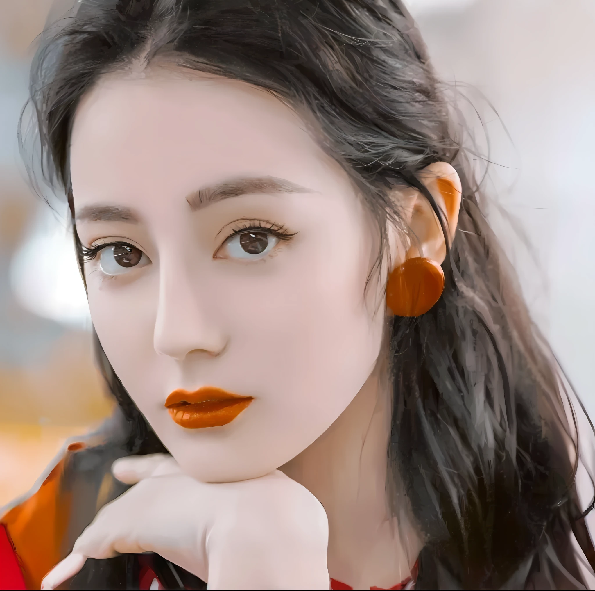 a close up of a woman with a red lipstick and a black jacket, dilraba dilmurat, inspired by Tang Yifen, beautiful aesthetic face, with round face, inspired by Huang Ji, fan bingbing, realistic. cheng yi, ruan jia beautiful!, chinese girl, gorgeous chinese model, inspired by Zhang Yan, 8k))