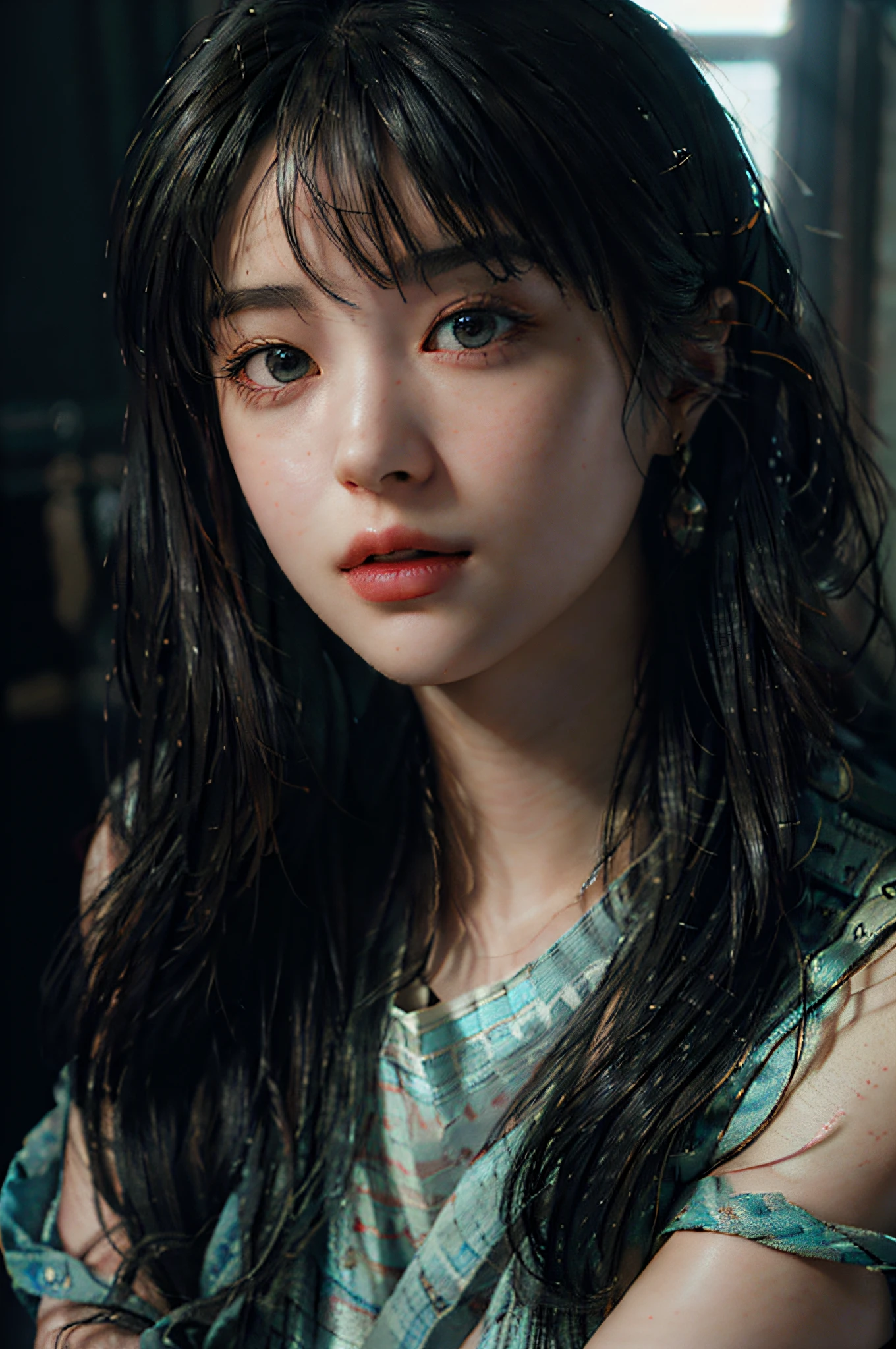 (RAW photo, best quality), (realistic, photo-realistic:1.3),best quality,highly detailed,masterpiece,ultra-detailed,illustration,1girl,upper_body,dynamic angle,world masterpiece theater,messy_long_hair,best quality,extremely detailed CG unity 8k wallpaper,ink,Amazing,cinematic lighting,lens_flare, dunhuang_style