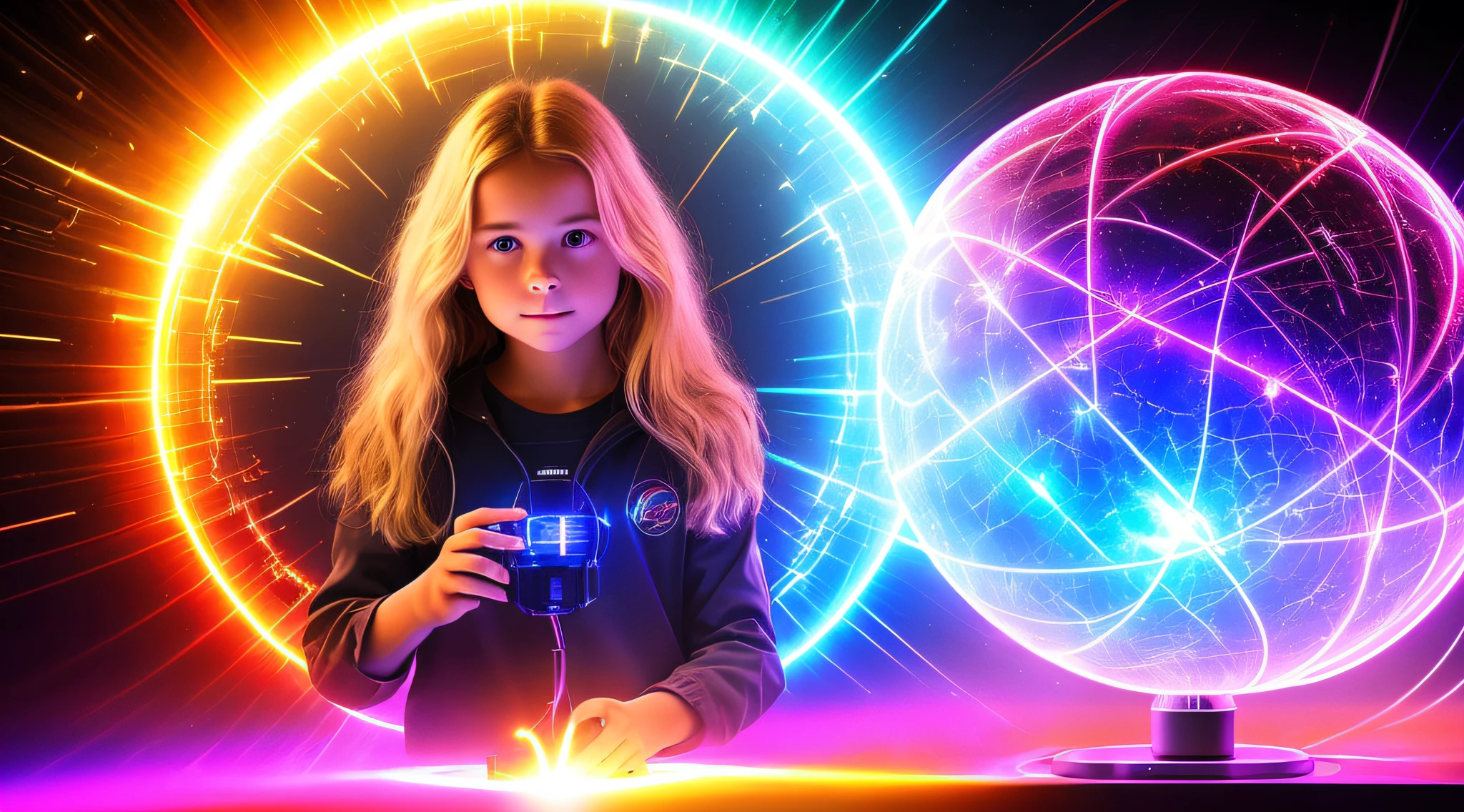 CHILD GIRL WITH LONG BLONDE HAIR, A closeup of a plasma ball on a table in a room, plasma globe, aura of electricity, tesla coil, inner glow of plasma neon, bright magical time portal, spinning plasma, glowing sphere, holographic projection, a large sphere of red energy, explosion of neon lights, with electric arc device, ray arc plasma, energy spheres, extremely beautiful lighting