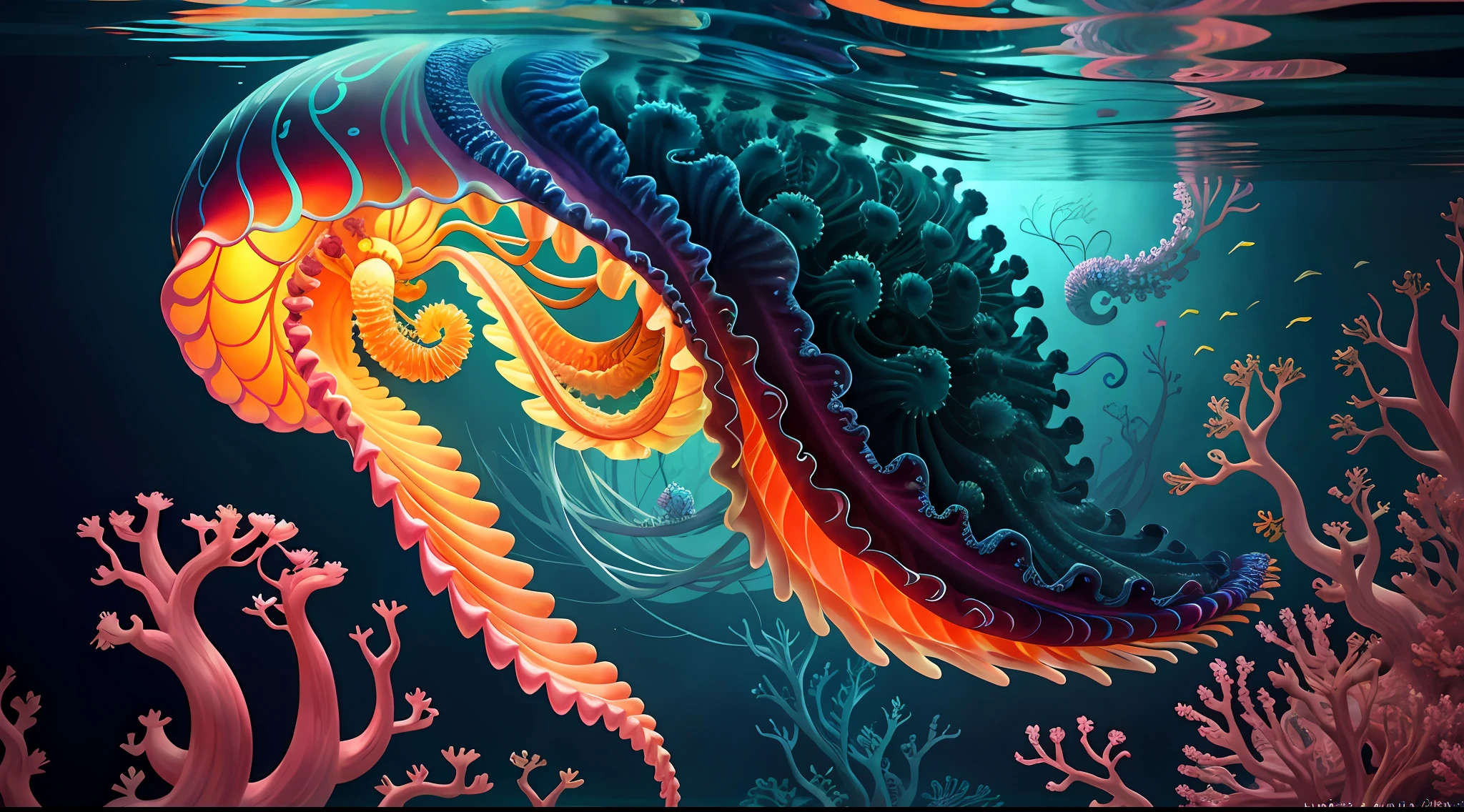 Colorful, master composition, focus on key figures, realism, masterpiece, award-winning, best quality, masterpiece, ultra-detailed, 8K, extremely detailed CG Unity 8k wallpaper, complex, highly detailed, realistic, "under water, intricate details, macro shot glowing jellyfish girl, coral, light bulb, brightness, (neutral color: 1.2), ultra-detailed, cinematic, complex background, huge ocean twisted Mandelbrot fractal shell, golden pearl nacre, hyper detail, ArtStation, Octane Renderer, (Color Acne: 1.3)",