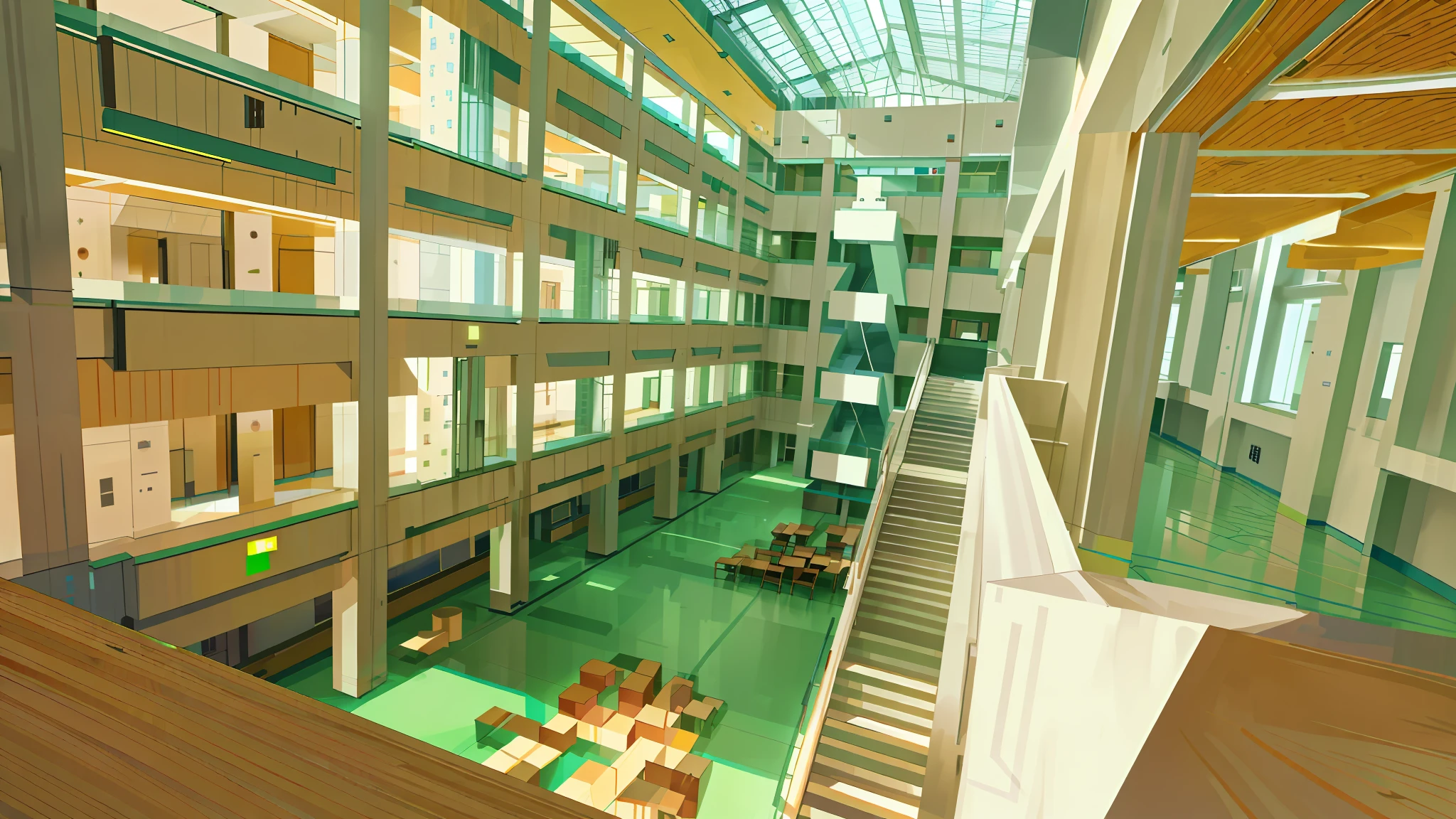 There are a lot of tables and chairs, inside the building, inside the building, atrium, research complex, upper view, photo showing a hall, inside a scientific facility, high angle view, modern technical building, multi-storey building, architectural lens, in a hall, from above, inside a magnificent building, predominantly white, high-end, fresh architectural style