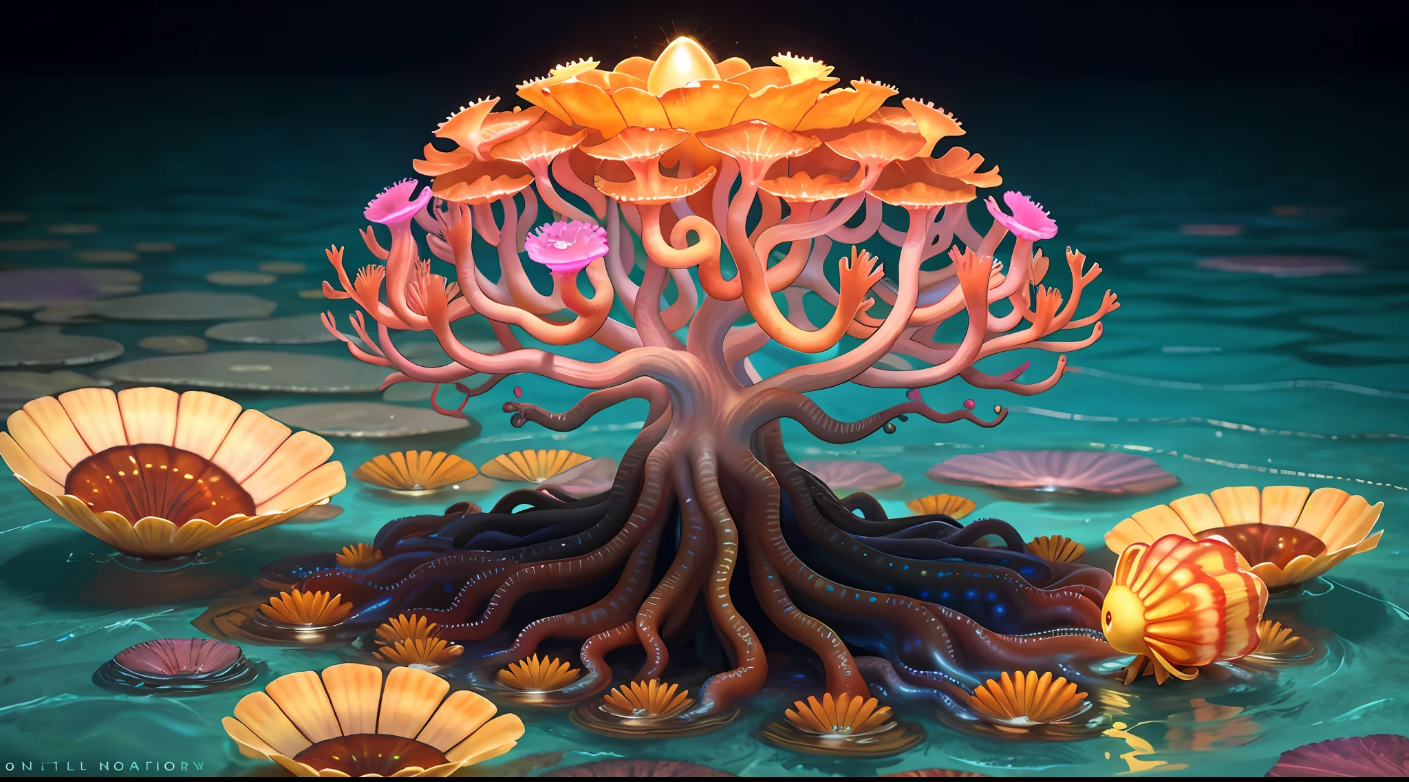 Colorful, master composition, focus on key figures, realism, masterpiece, award-winning, best quality, masterpiece, ultra-detailed, 8K, extremely detailed CG Unity 8k wallpaper, complex, highly detailed, realistic, "under water, intricate details, macro shot glowing jellyfish girl, coral, light bulb, brightness, (neutral color: 1.2), ultra-detailed, cinematic, complex background, huge ocean twisted Mandelbrot fractal shell, golden pearl nacre, hyper detail, ArtStation, Octane Renderer, (Color Acne: 1.3)",