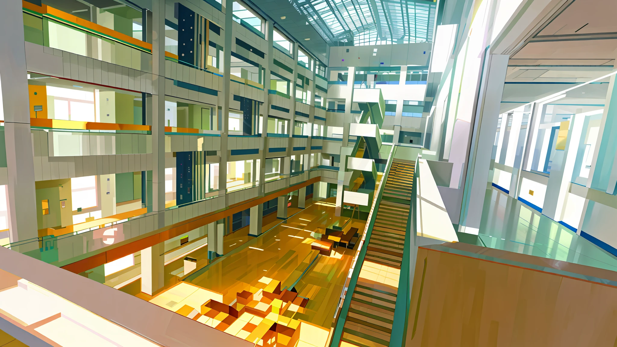 There are a lot of tables and chairs, inside the building, inside the building, atrium, research complex, upper view, photo showing a hall, inside a scientific facility, high angle view, modern technical building, multi-storey building, architectural lens, in a hall, from above, inside a magnificent building, predominantly white, high-end, fresh architectural style