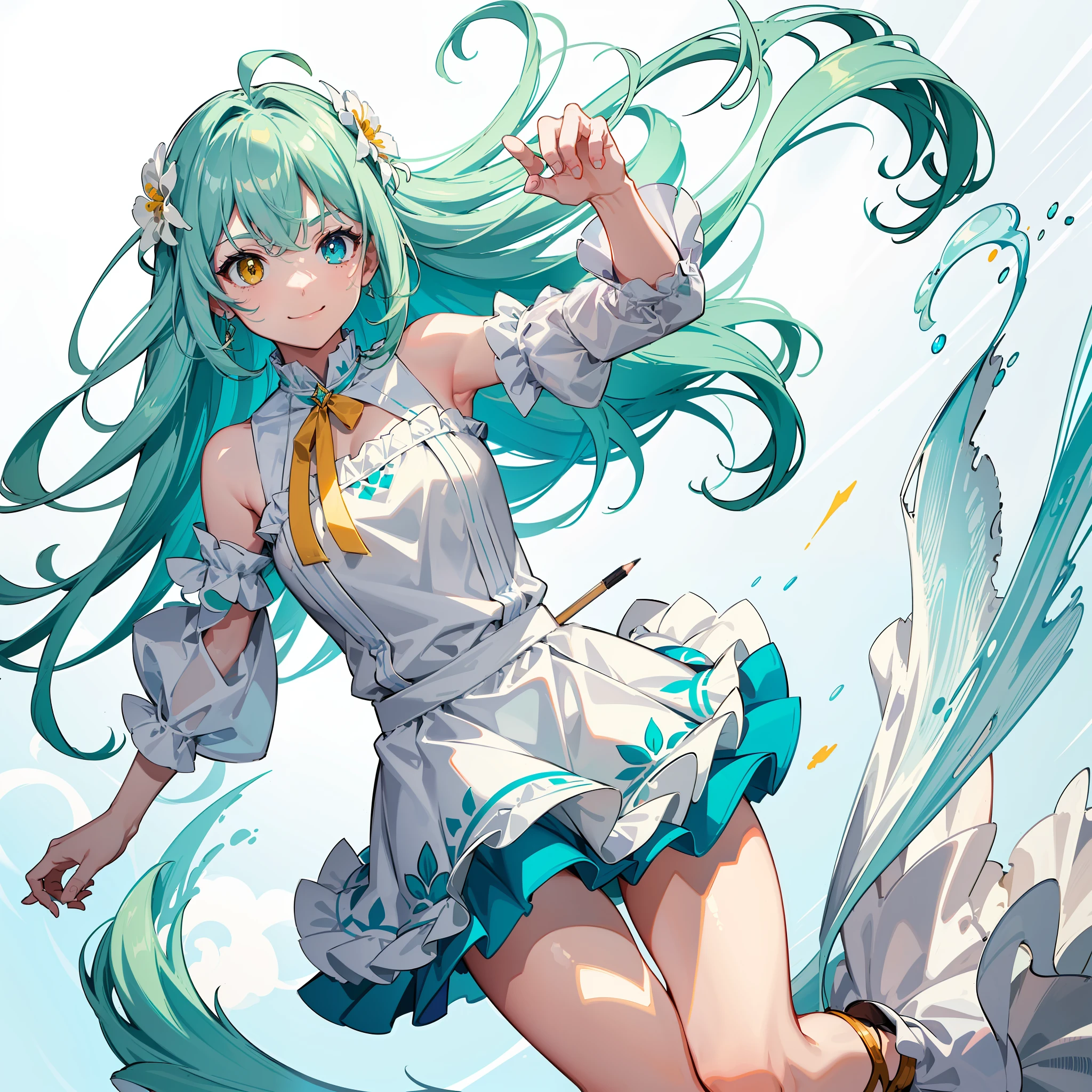 UHD, retina, masterpiece, accurate, anatomically correct, super detail, high details, high quality, award winning, best quality, highres, good anatomy, 1080P, HD, 4K, 8k, 16k, 1girl, [nice legs, sketch art, sketchy art style],(long white hair, long locks, parted bangs, ahoge, teal and yellow eyes, heterochromia, smiling),((jumping in air, wearing a white shirt, sleeveless, wearing off shoulder light green puffy sleeveless, sleeves covering hands, wearing a pencil mini skirt, white mini skirt with teal intricate flower design))