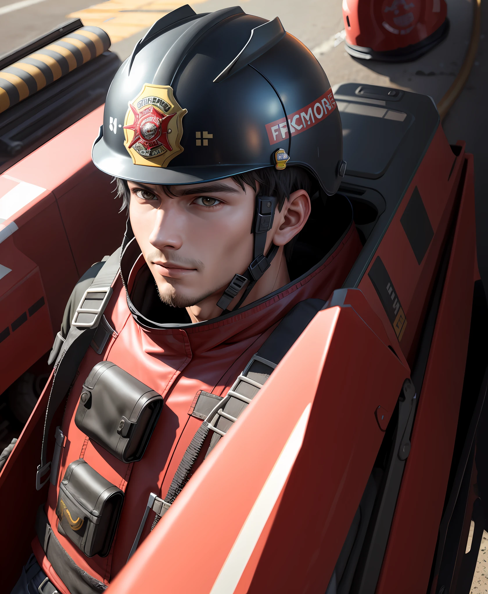 firefighter, realistic, 4k, cinematic, anime, boy, cute, 22yo, charismatic, helmet, protective pants, black themed clothes, ultra realistic, high quality, similar face