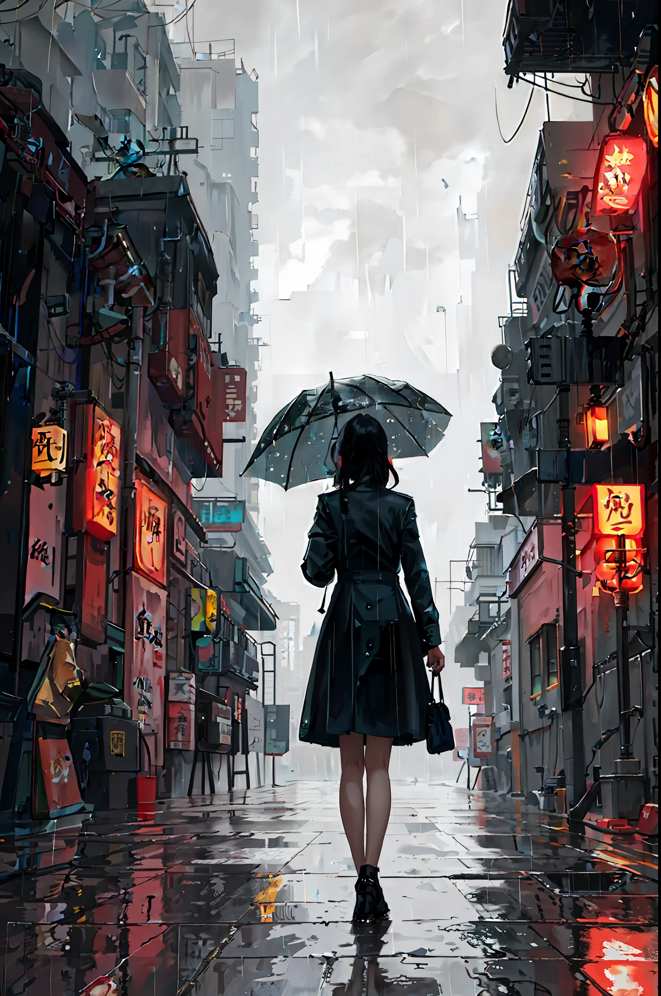 masterpiece, top quality, one girl, city, landscape, rain, Chinese cyberpunk, back alley, night, neon,