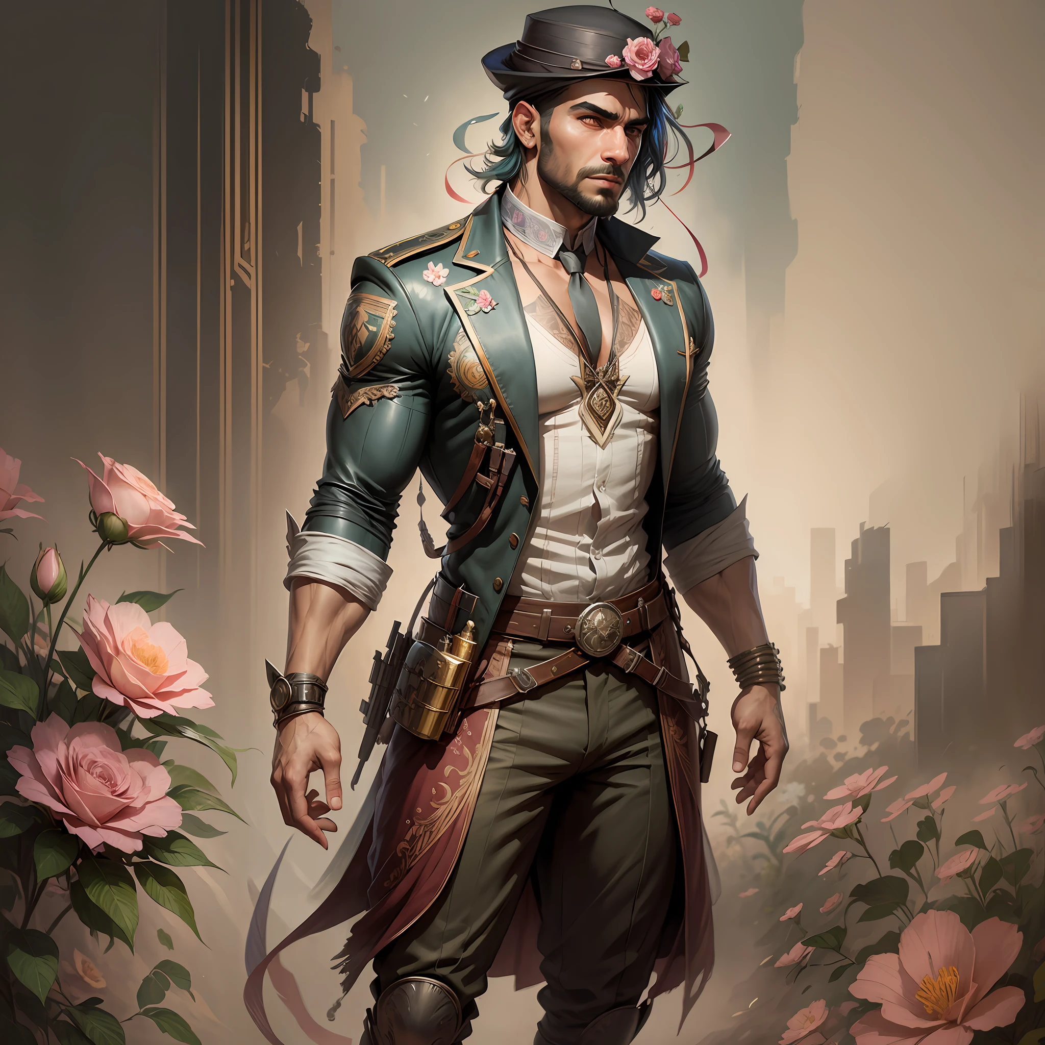 Charlie Bowater realistic Lithography sketch full body portrait of a muscular arabic man, flowers, dieselpunk, multi-colored ribbons, old paper texture, highly detailed, vivid colors --auto --s2