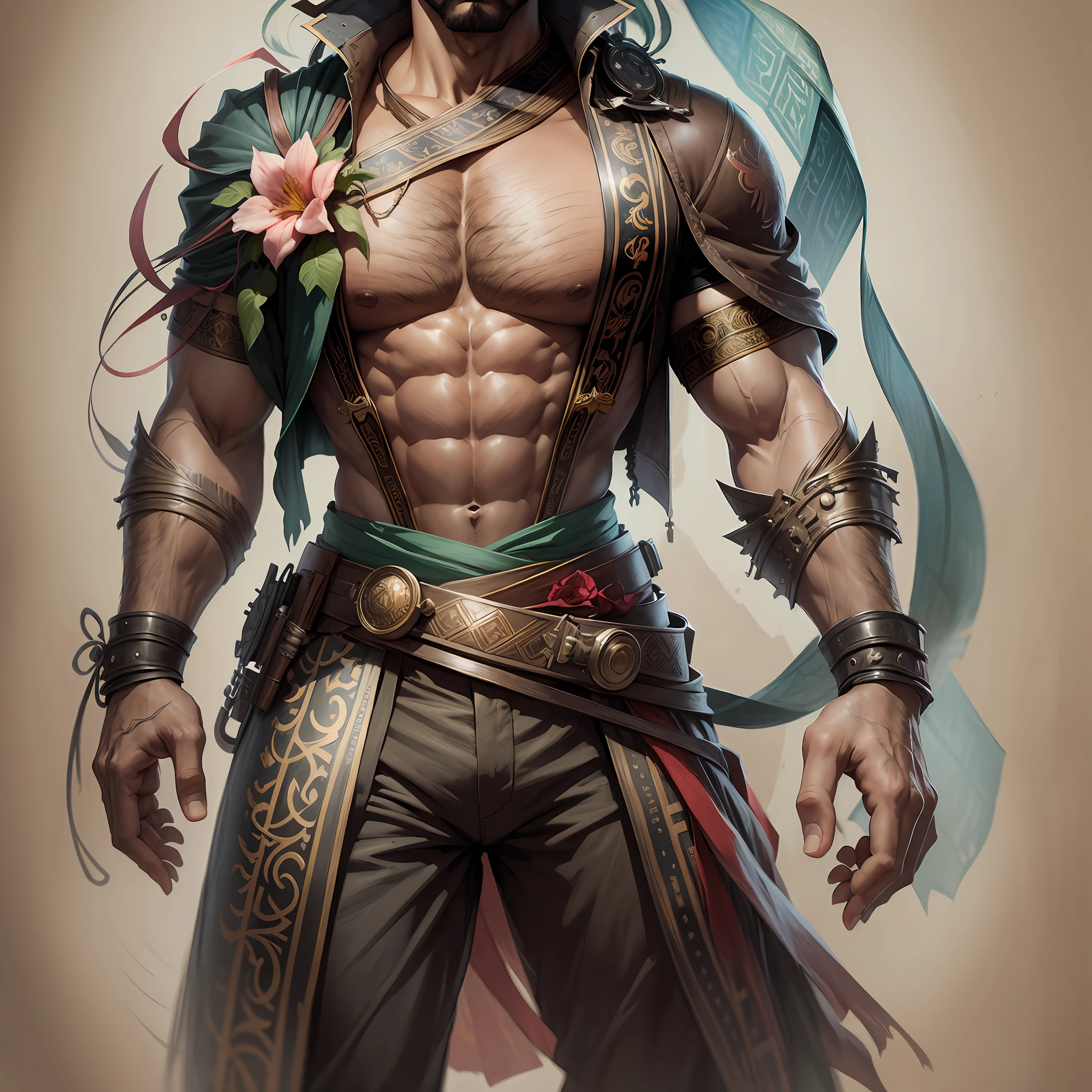 Charlie Bowater realistic Lithography sketch full body portrait of a muscular arabic man, flowers, dieselpunk, multi-colored ribbons, old paper texture, highly detailed, vivid colors --auto --s2