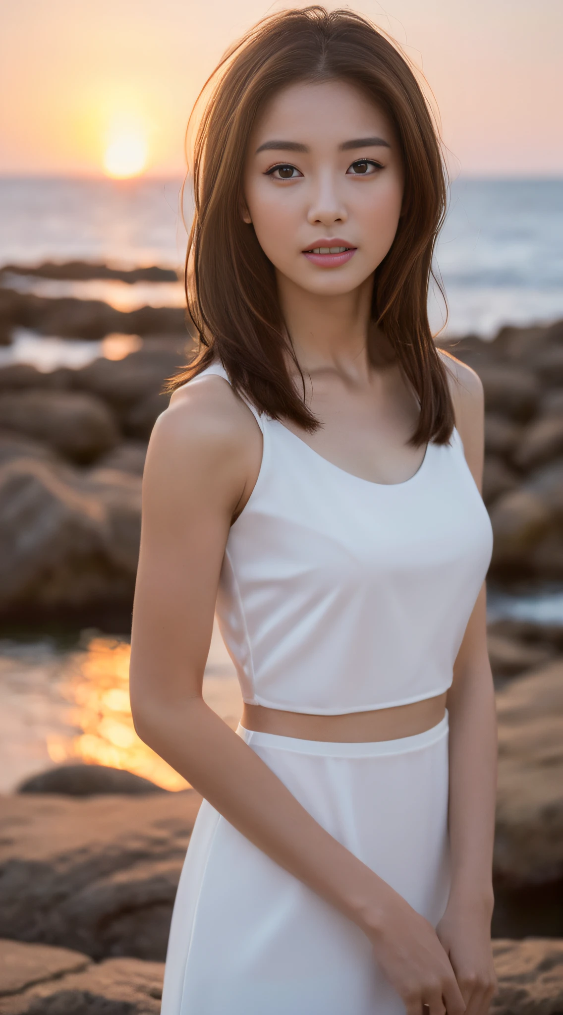 ((Realistic lighting, Best Quality, 8K, Masterpiece: 1.3)), Clear focus: 1.2, 1girl, Perfect Beauty: 1.4, Slim Abs: 1.1, ((Dark brown hair)), (White dress: 1.4), (Outdoor, sunset: 1.1), Seaside, Super fine face, Fine eyes, Double eyelids,