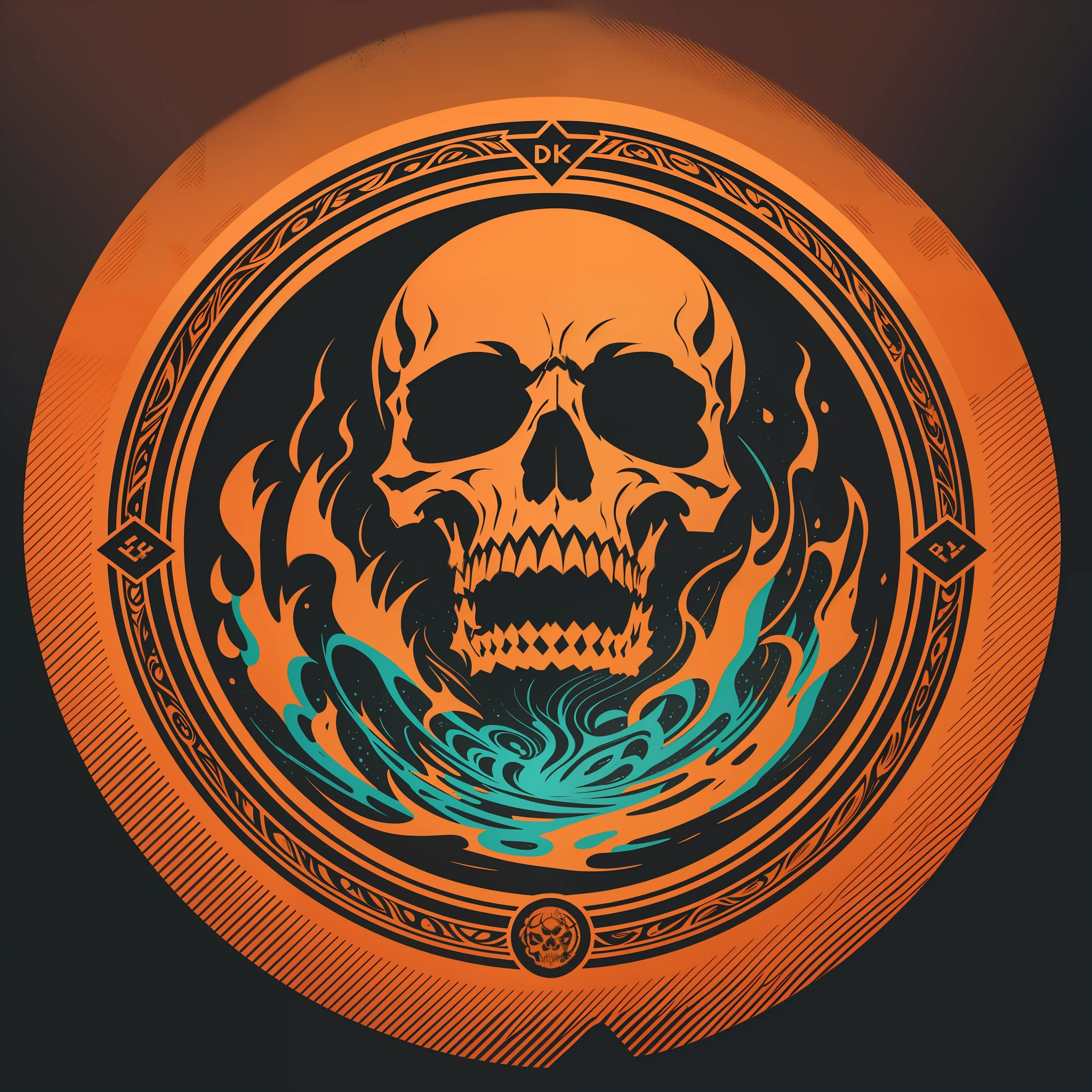 [Brown Skull] circular heraldic silhouette, logo masking style illustration, Dan Mumford, Greg Rutkowski, James Jean, black background, fantasy art, mysterious, realistic, majestic, rich vivid colors, high contrast, seamless water brand, art station, deviant art, dribbling, red bubble, Tee public, sharp focus, simple, hyper detail, detailed drawing, vectorization, outline, isometric style, 8k.