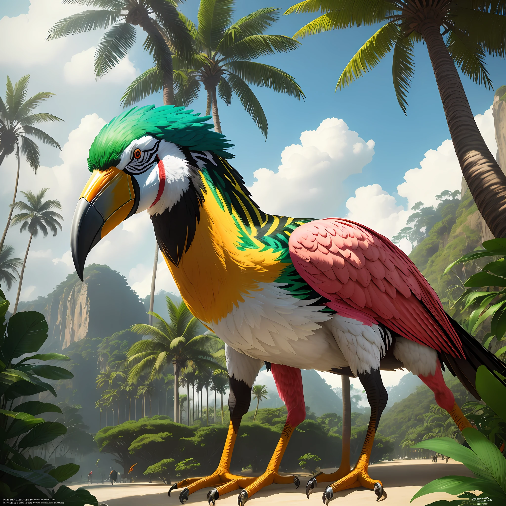 jungle with huge colorful birds on branches of trees and palm trees, zebras, flamingos, toucans, macaws, tropical forest, rich in detail, 3d rendering, best quality, national geographic, award-winning photography, cinematic, cinema light, cinema quality, masterpiece, super detailed, hyper realism, by hildebrandt, stylize, fantasy, concept art, make-believe, imaginary, supernatural, fantastic, luxury, weird, brazil, rio de janeiro, COPACANA