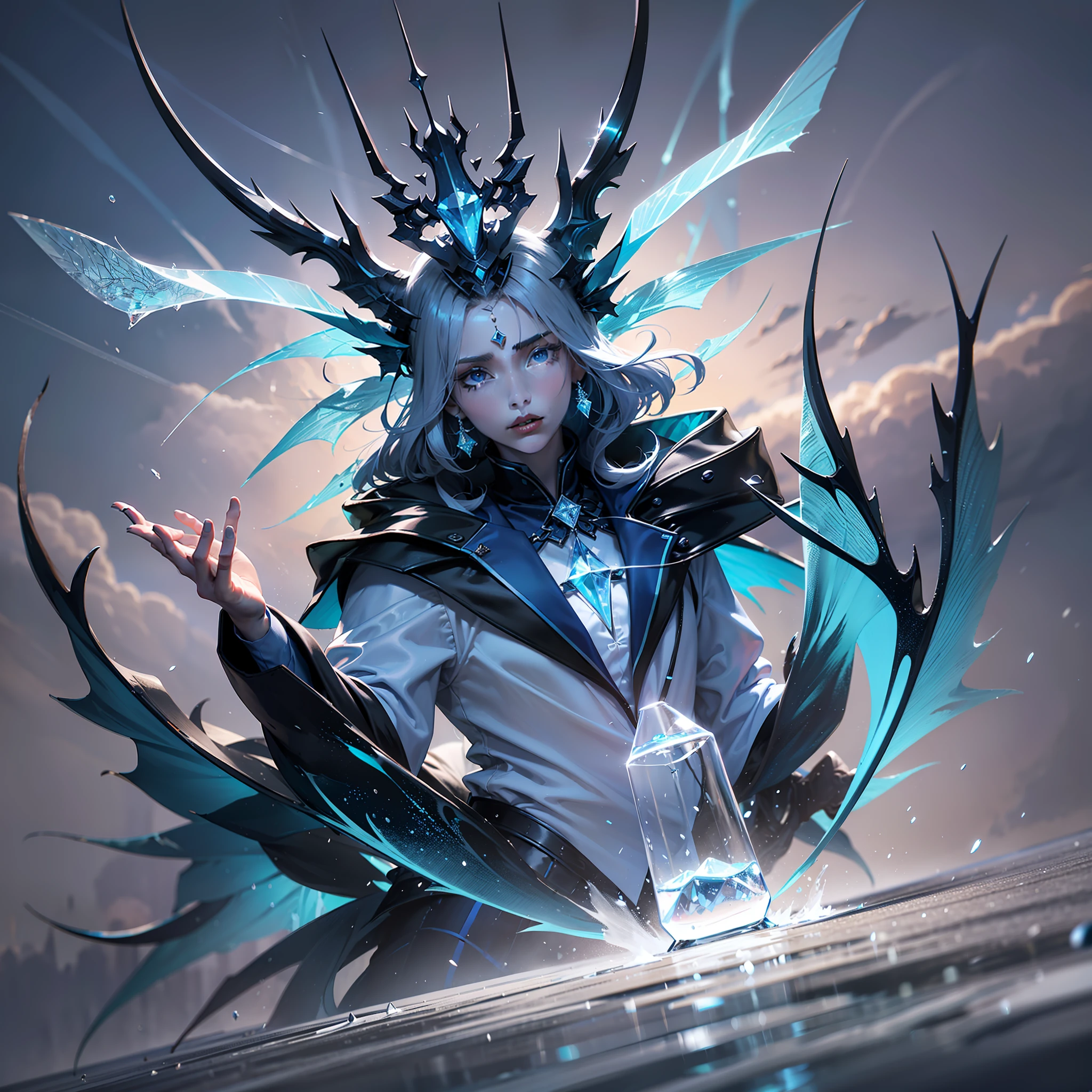 A Magician, (Blue Silk Robe), (Mysterious Magic Array: 1.2), ((Ice Dragon)), (Ice Crystal Scales), Blue Light, (Frost Wings), Powerful Ice Magic, Icicles, Towering into the Clouds, Blue Cold Light, Ice Storm, Chilling Wind, Flying Ice and Snow, Spectacular Effects, Best Quality, Masterpiece, Ultra High Resolution, Fine Details, Complex Details, 8K Resolution, 8KUCG Wallpaper, HDR, Aqua Blue, Magic Array, Cinematic Light Effects, Chiaroscuro, Ray tracing, NVIDIA RTX