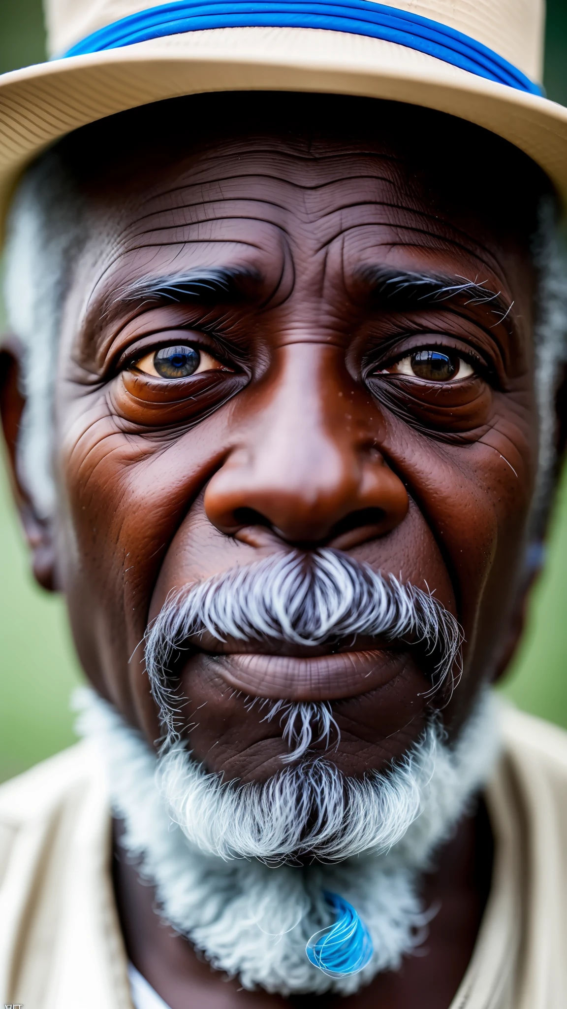 A portrait up at the waist of an old man, black skin, 4K textures, HDR, intricate, highly detailed, blue eyes great sharp focus, cinematic, hyper-detailed visual.