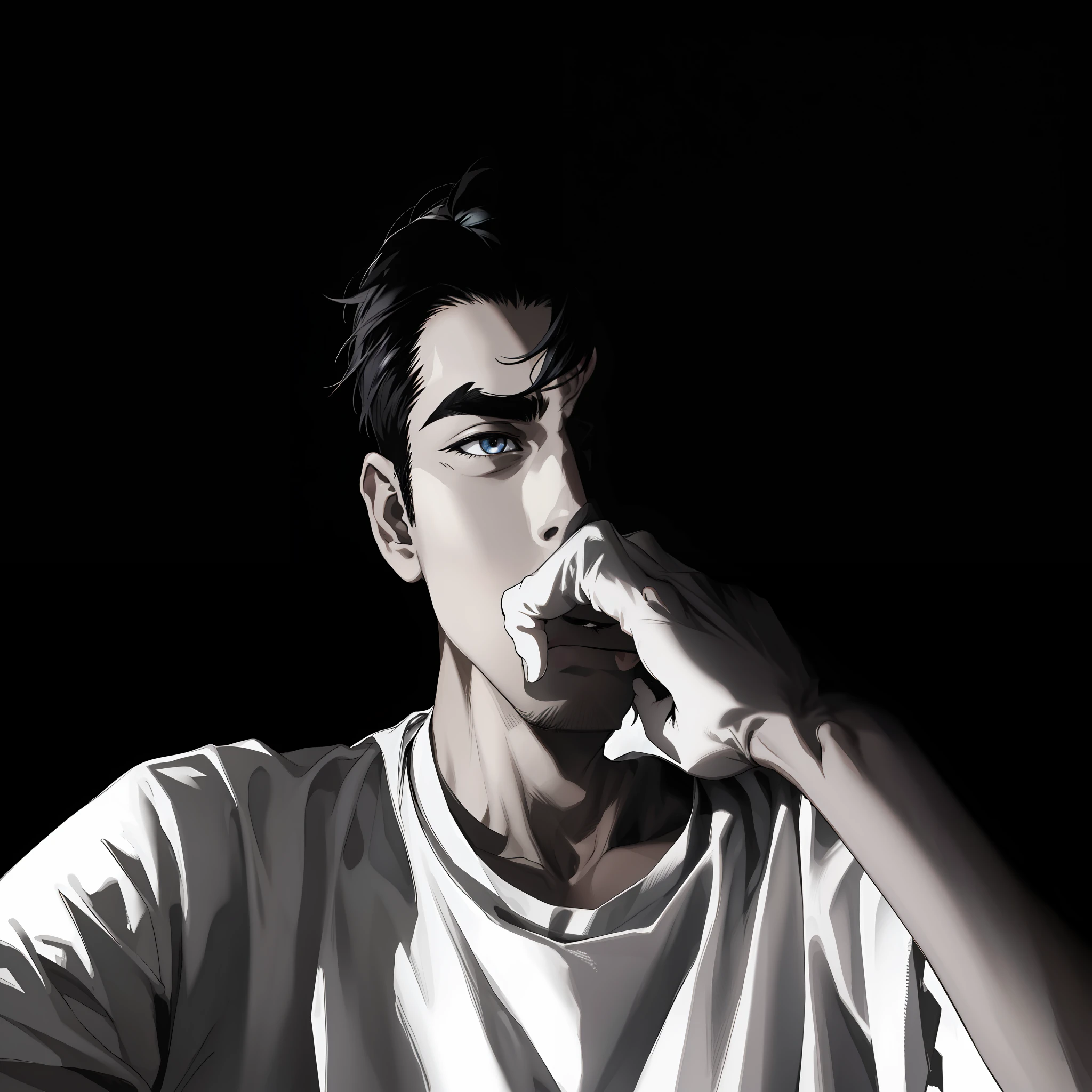 (absurdres, highres, ultra detailed), (1 male, solo, young guy, handsome), anime, anime style, stylish hair, detailed hair, black hair, dark eyes, detailed eyes, (angular jaw:1.4, thick neck:1.4, thick eyebrows:1.4), BREAK, night, dark, dark background, black and white, white t-shirt, BREAK, upper body, detailed